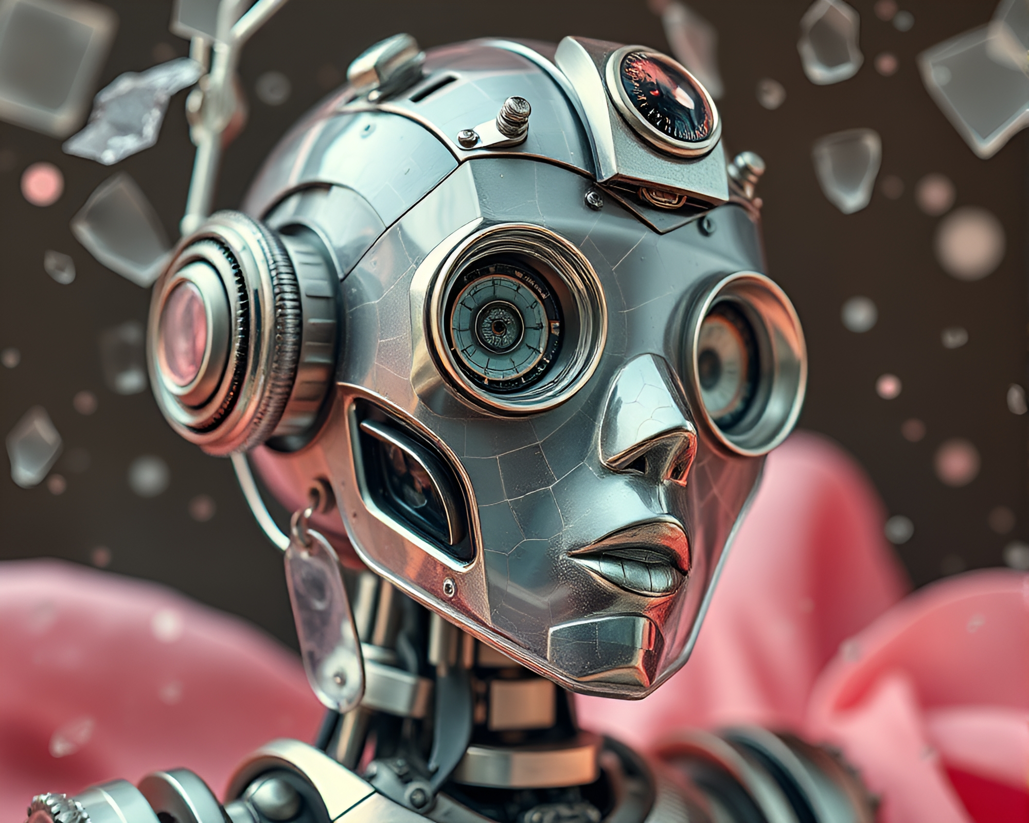 Steampunk Robot Embraced by Blush Pink Glass Shards – free AI stock image