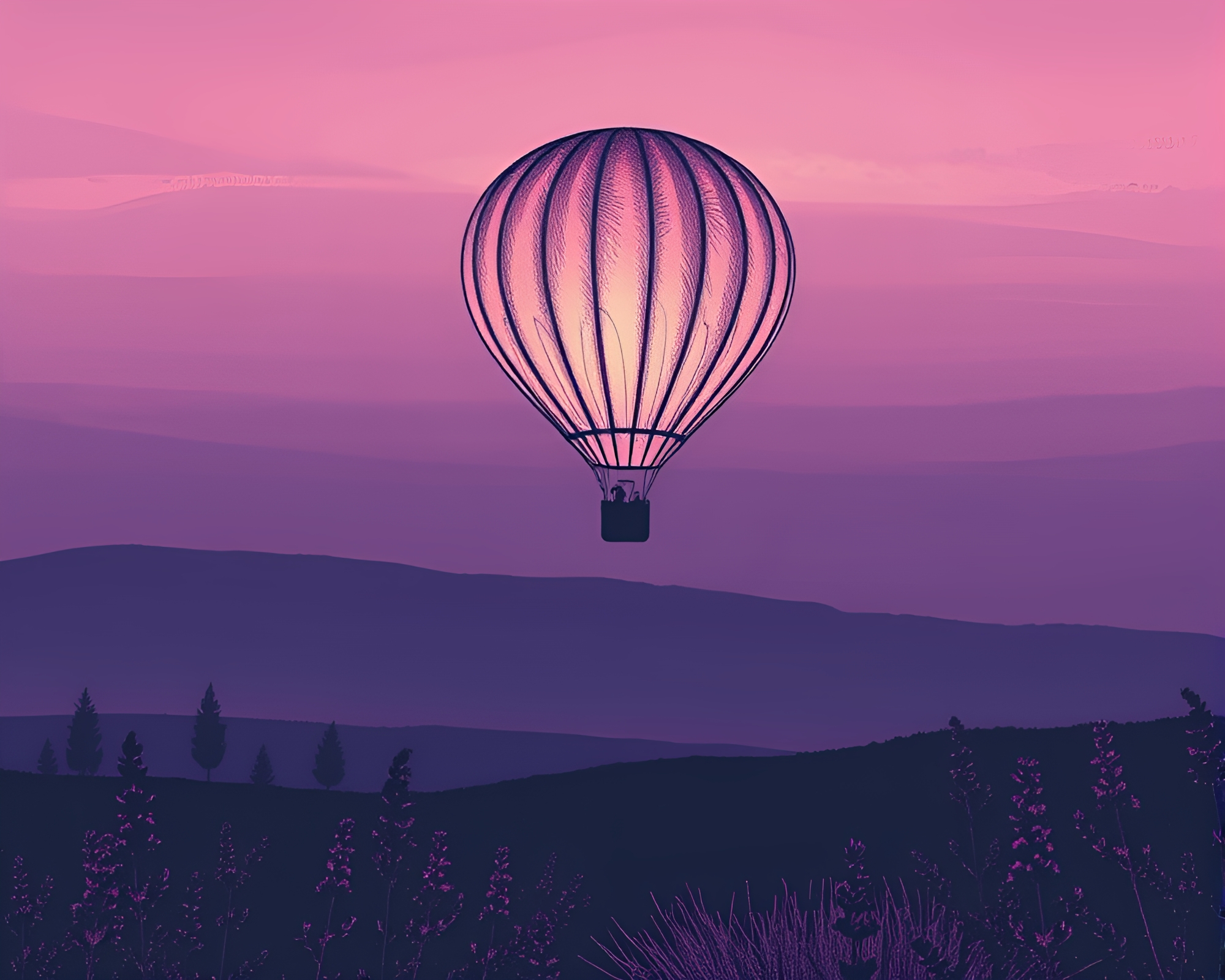 Majestic Lavender Twilight Hot Air Balloon Silhouette – free AI stock image