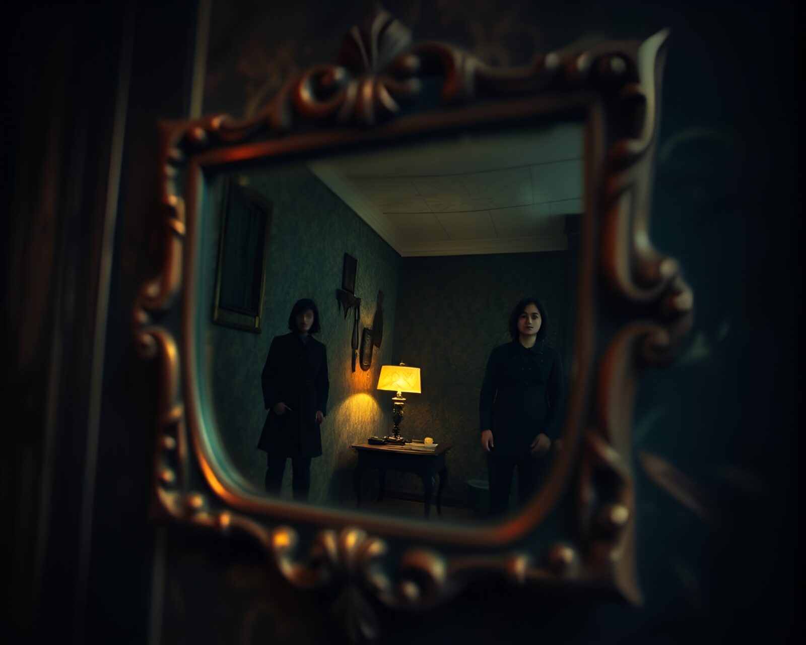 Selective focus on haunted mirror reflecting mysterious spirits.