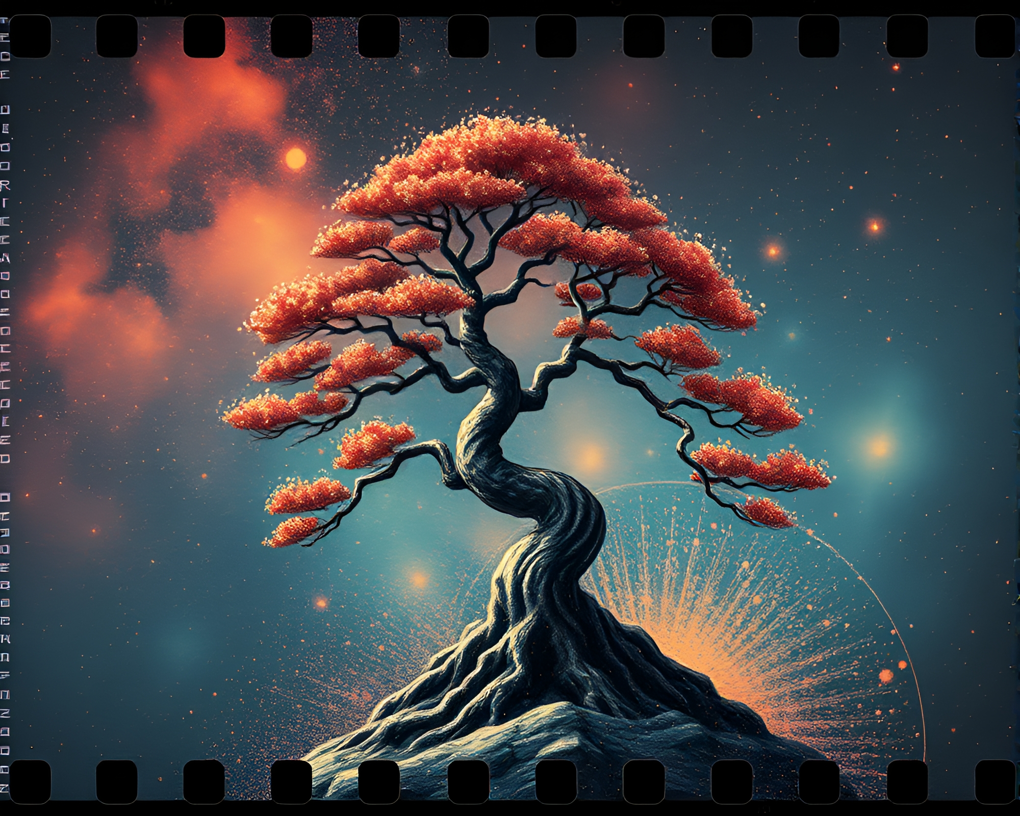 Bonsai Tree Among Cosmic Film Sprocket Holes – free AI stock image