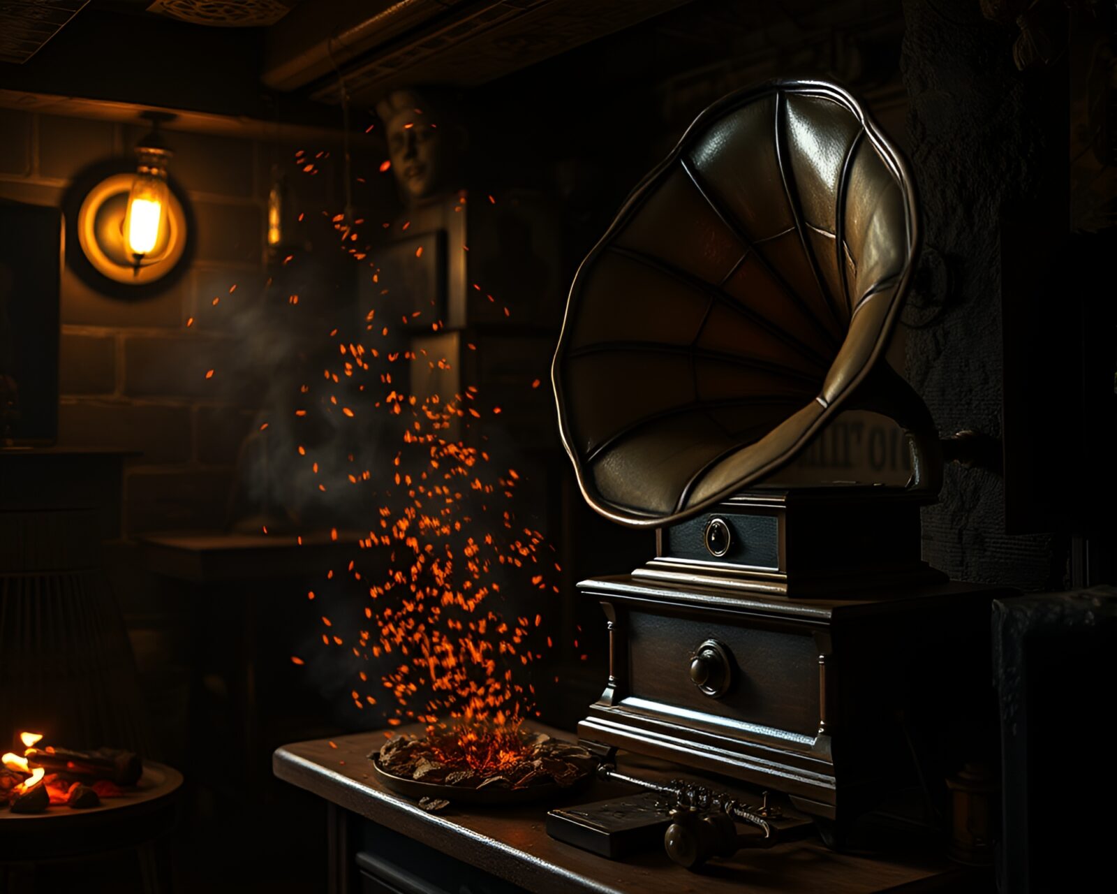 Dark basement with steampunk gramophone emitting floating embers