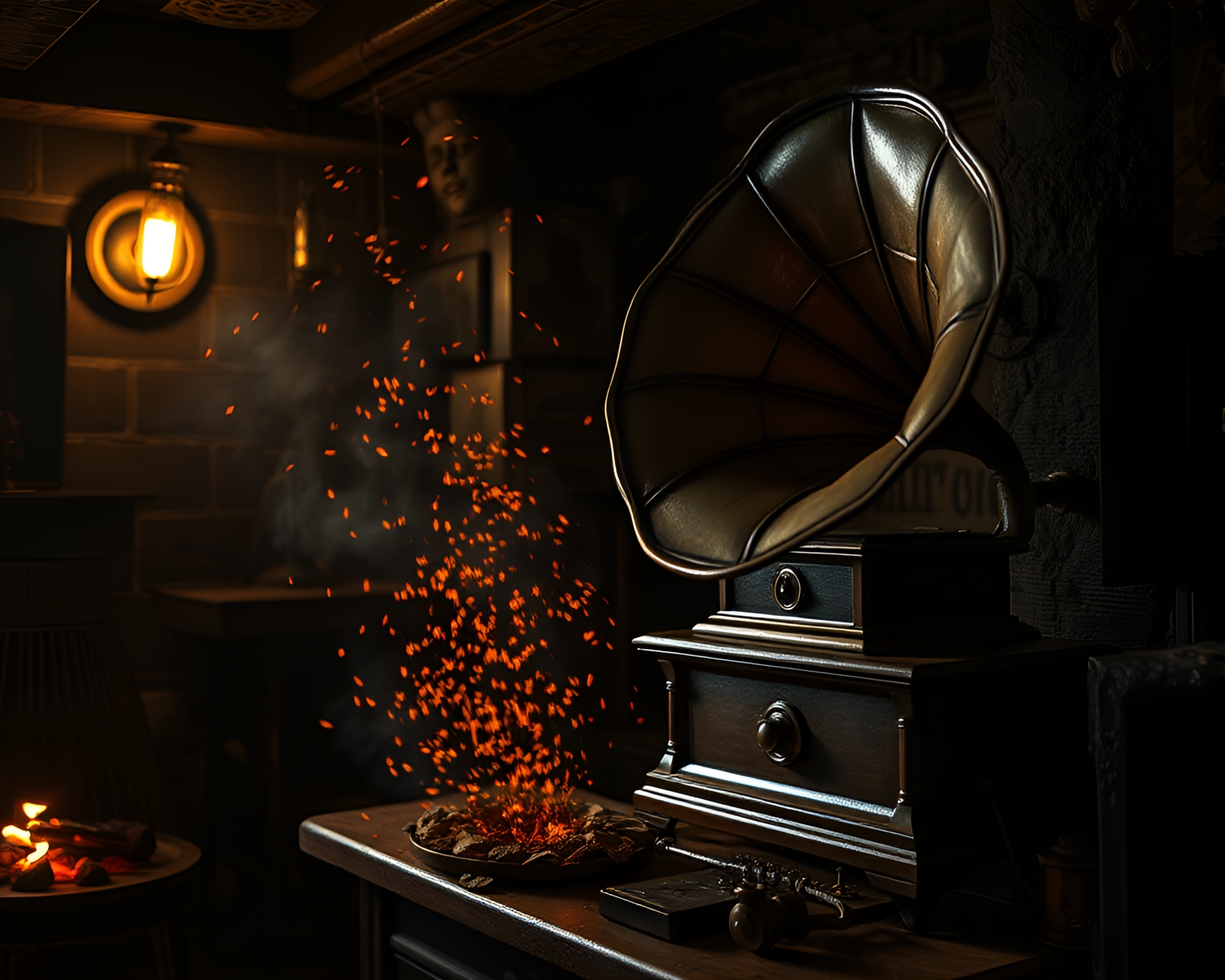 Steampunk Gramophone Embers in Basement Gloom – free AI stock image