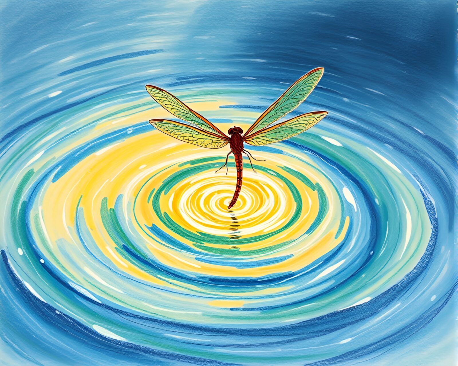 Majestic dragonfly hovering over a swirling water whirlpool
