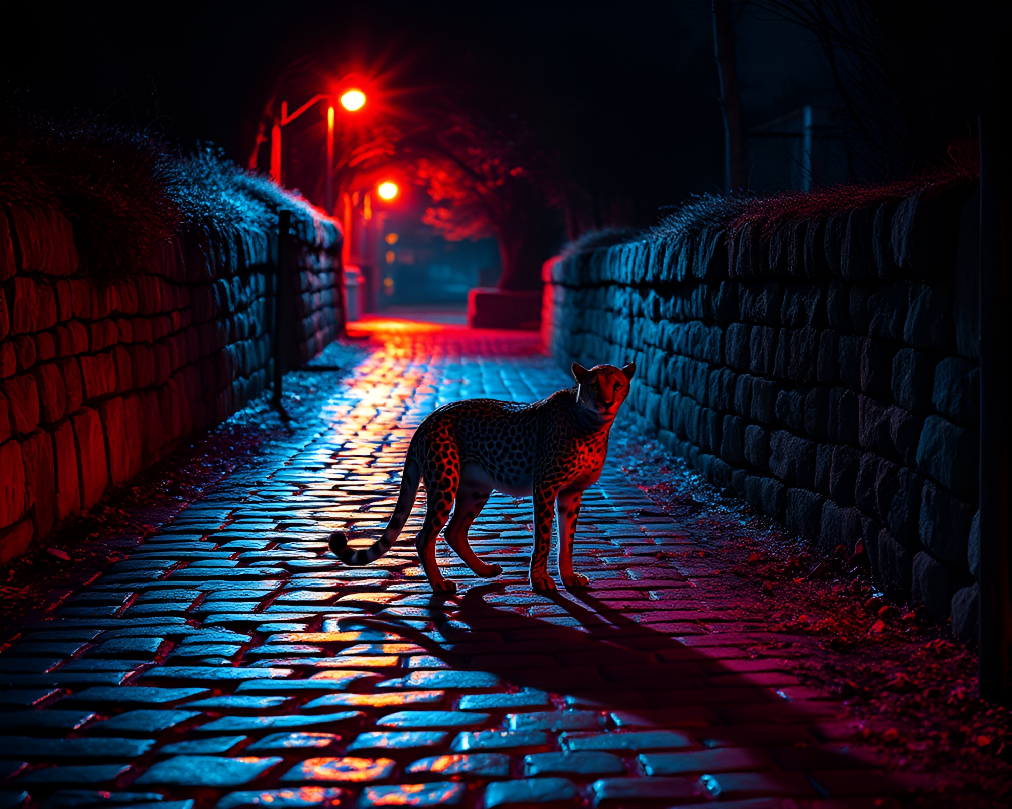 Cheetah in Duotone Light Painting on Cobblestone Path – free AI stock image