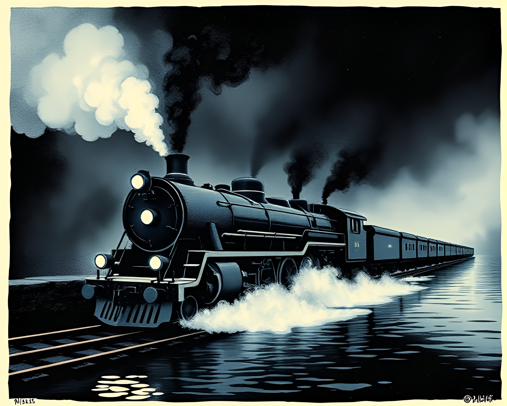 Steam Locomotive Emerging from Smoky Waters – free AI stock image