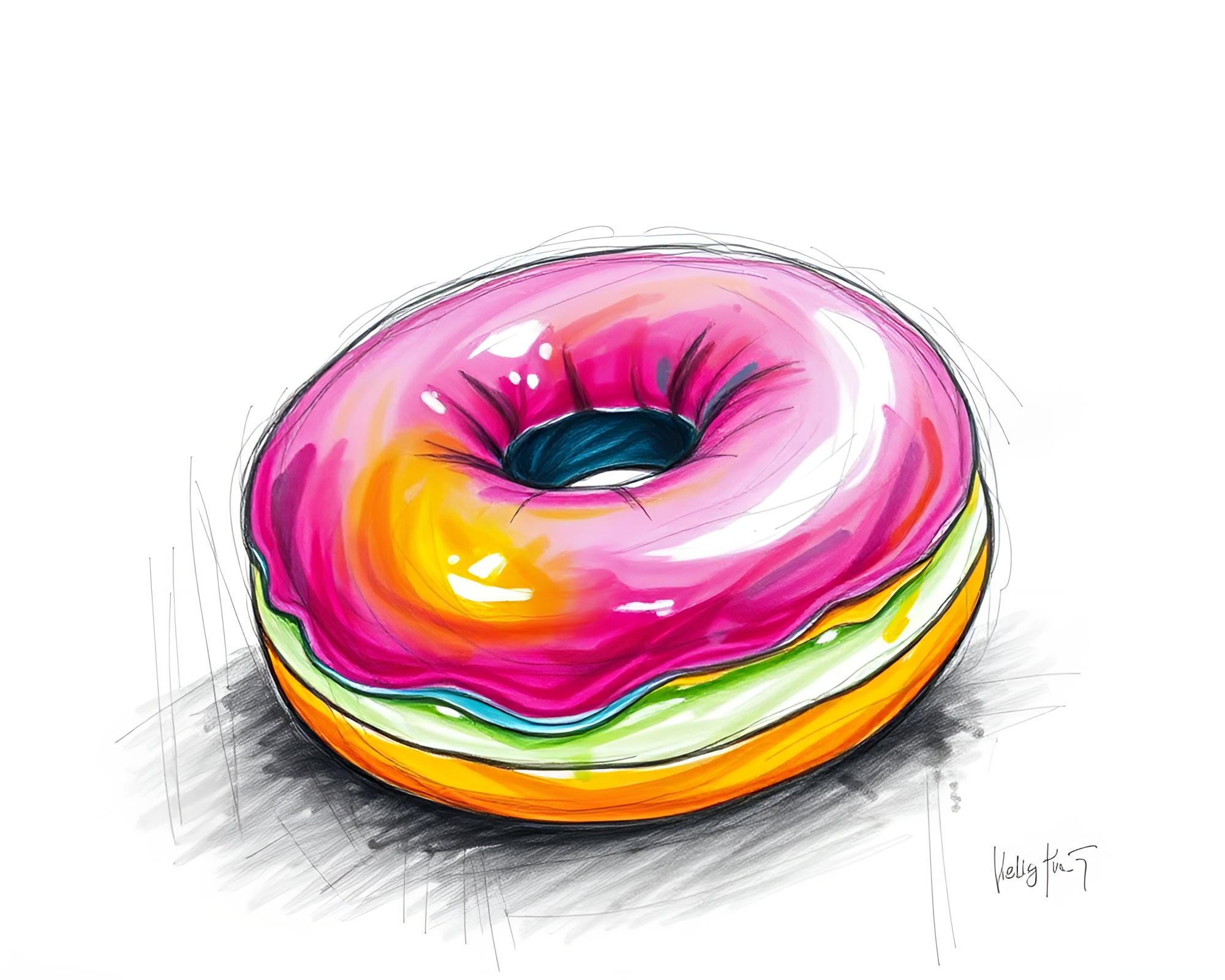 Vibrant Neon Doughnut Sketch with Charcoal Strokes – free AI stock image