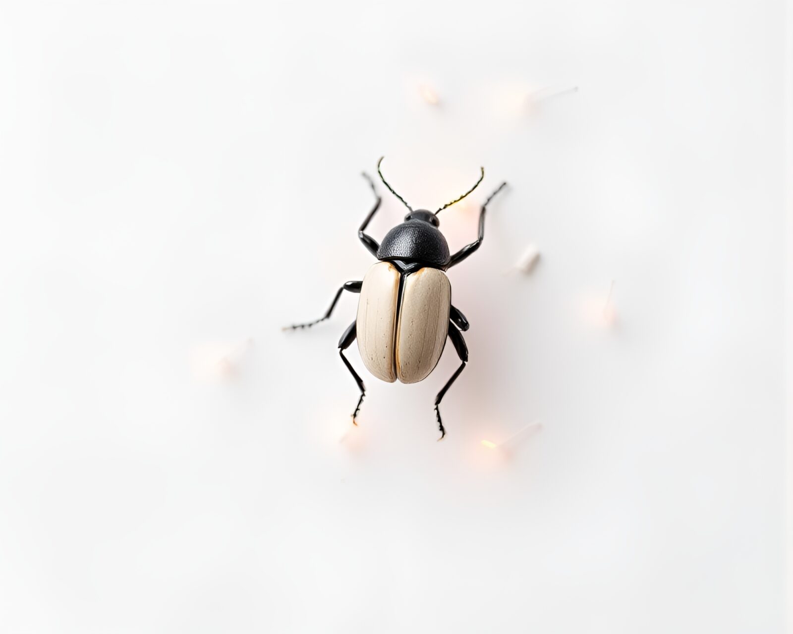 Minimalist ivory scene with floating embers around a beetle