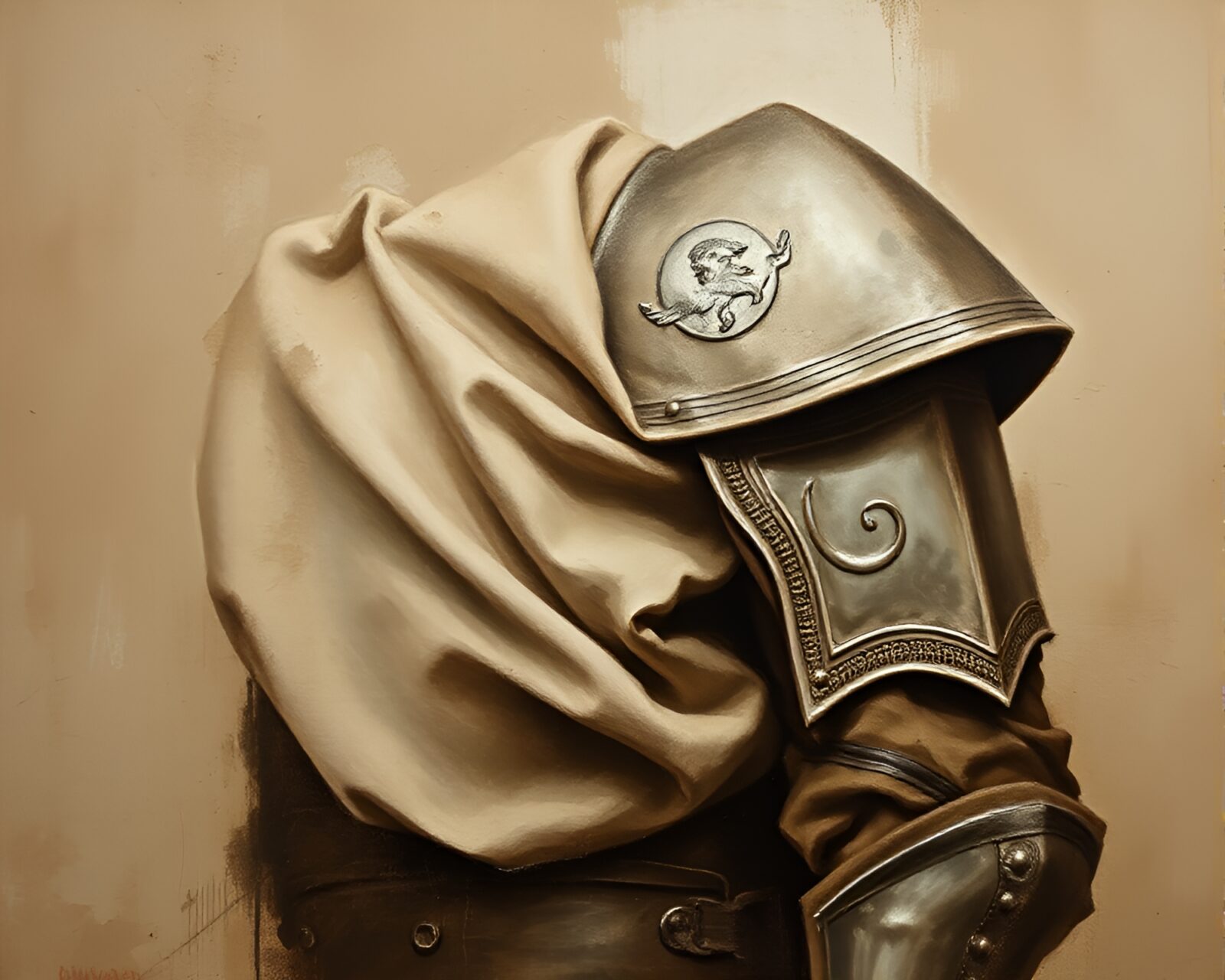 Armor-clad figure in sepia tones with intricate fabric folds