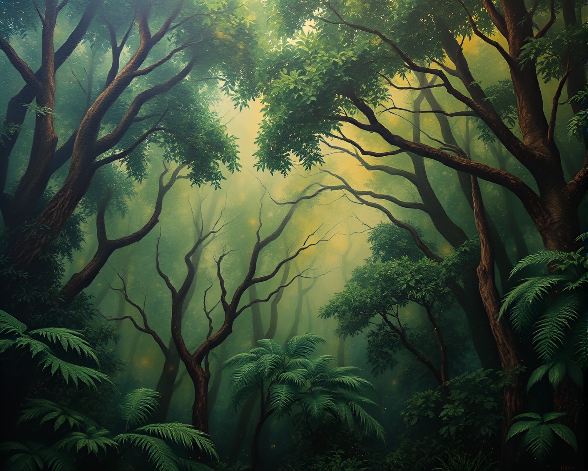 Bronze Sheen Rainforest Canopy Mural Painting Composition – free AI stock image