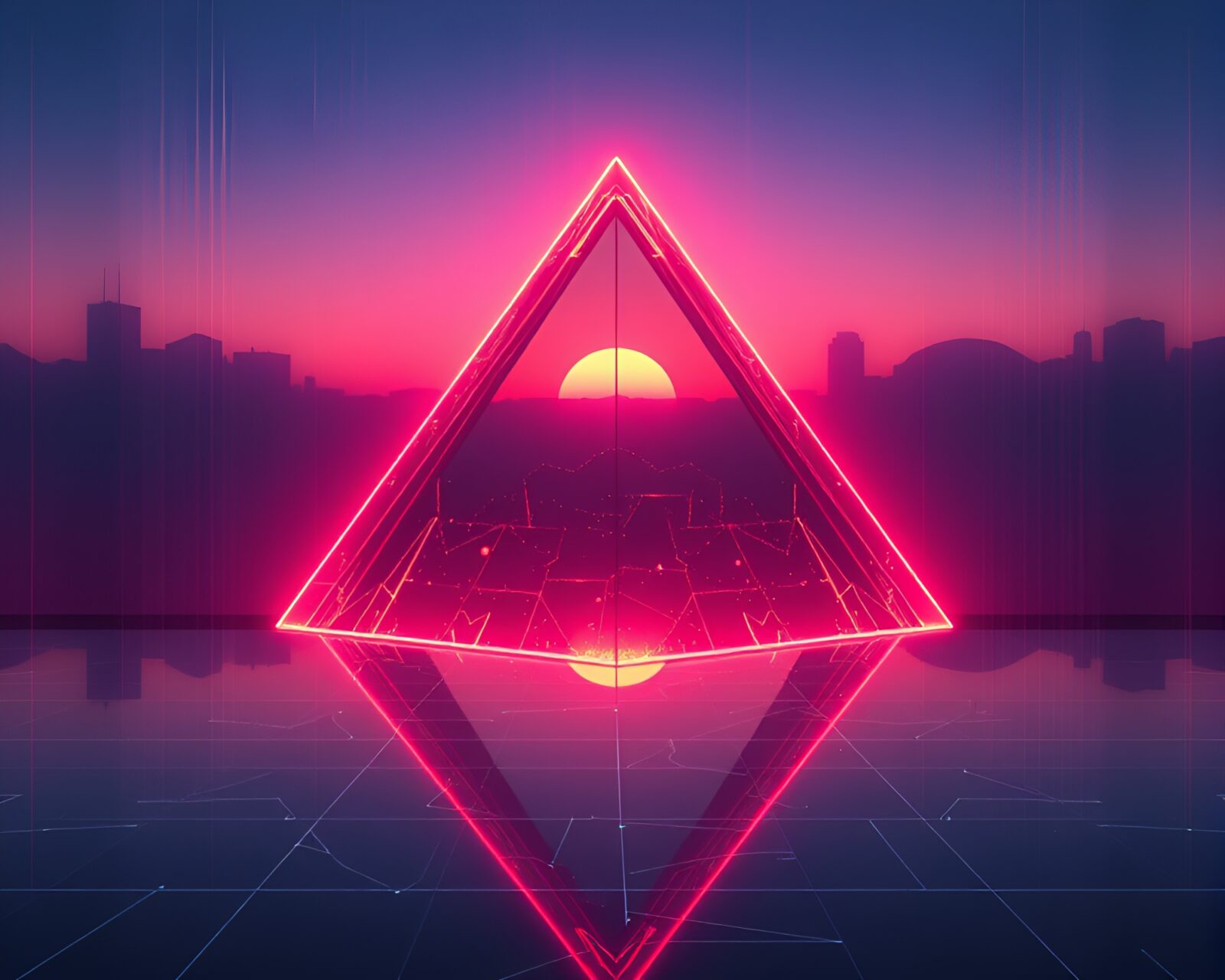 Futuristic glass pyramid in neon lights at misty dawn