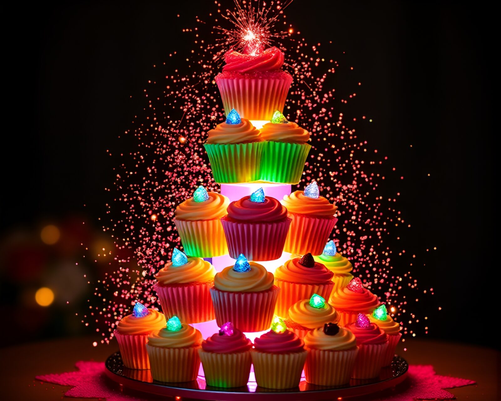 Vibrant cupcakes stacked high with intricate beadwork decorations