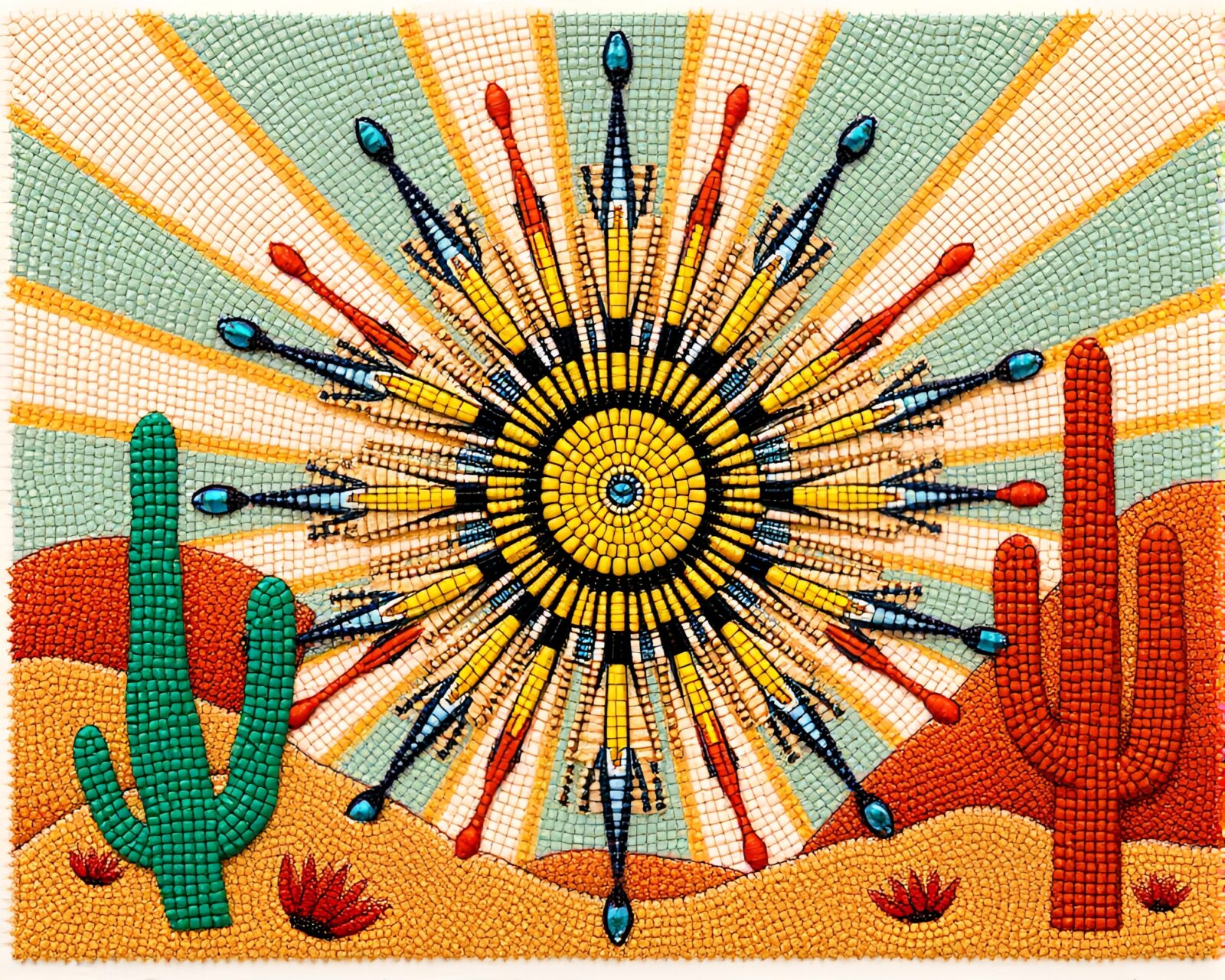 Colorful desert mirage with intricate beadwork accents in line art style
