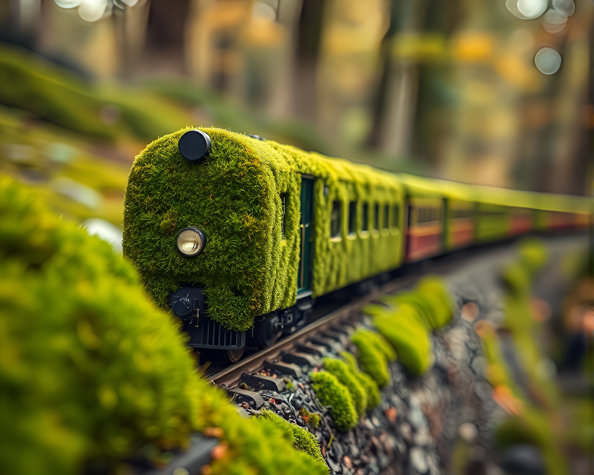 Moss-covered levitating train in motion blur – free AI stock image