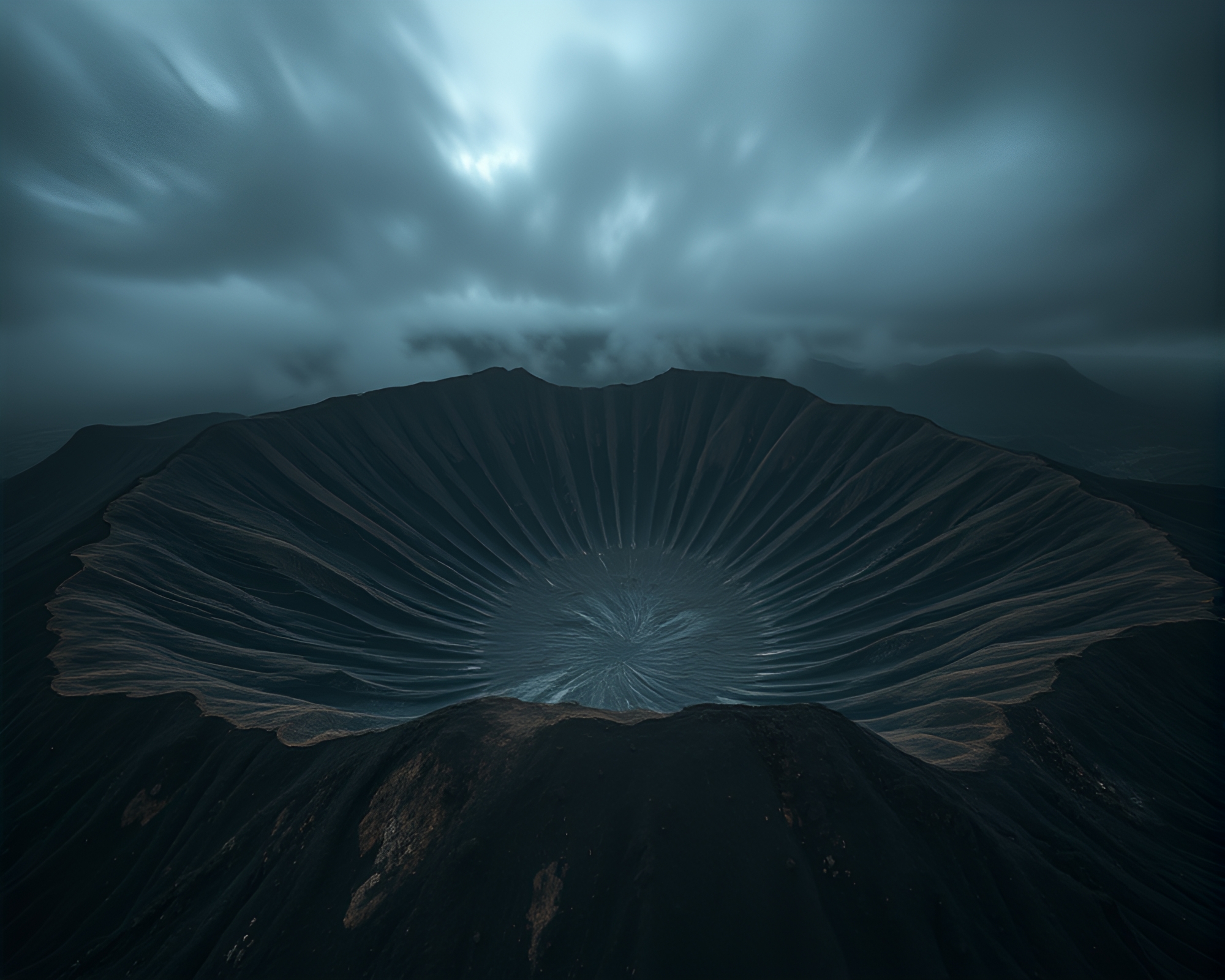 Intricate Volcanic Crater Patterns Revealed in Underexposed Aura – free AI stock image