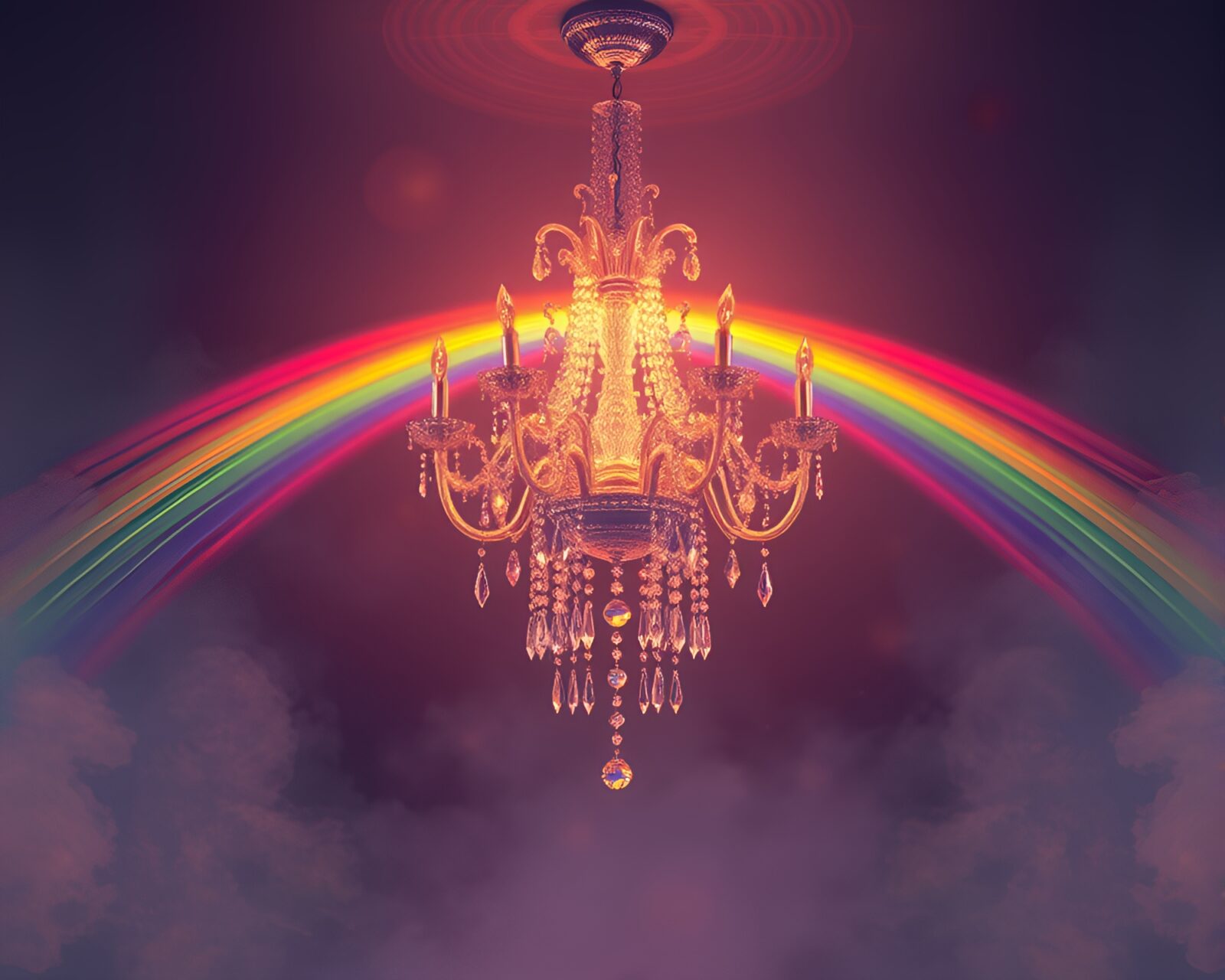 Crystal chandelier refracting rainbows in misty pixel art scene