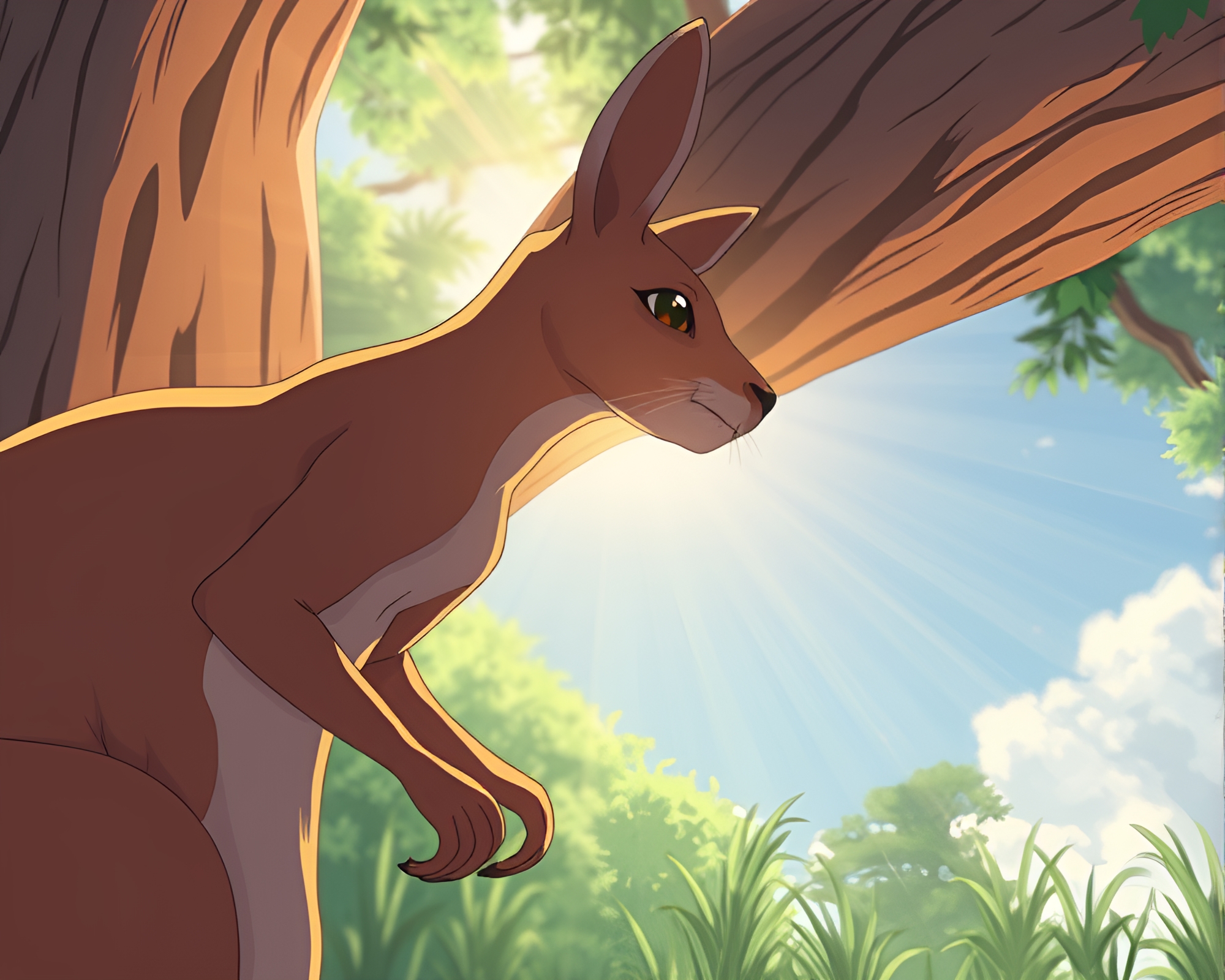 Mesmerizing Anime Wood Grain Kangaroo Bathed in Sunlight – free AI stock image