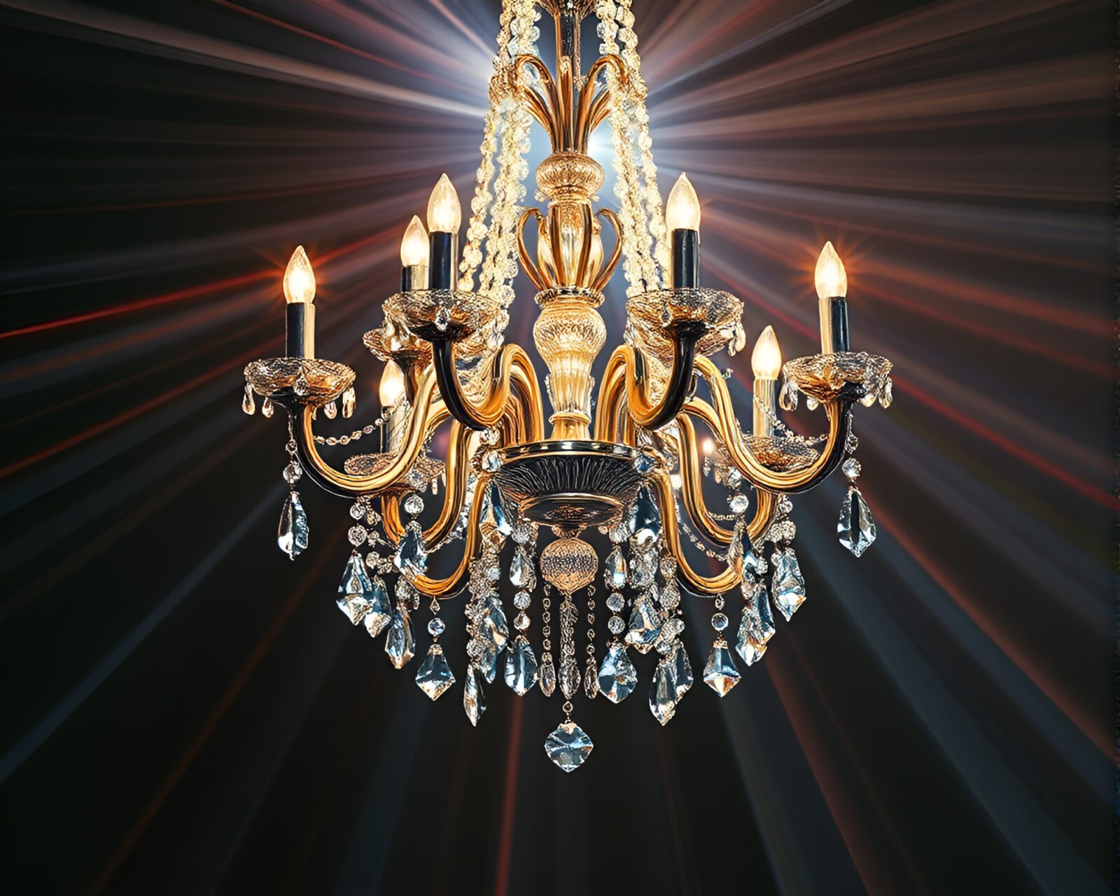 Acrylic painting of laser beams intersecting crystal chandelier