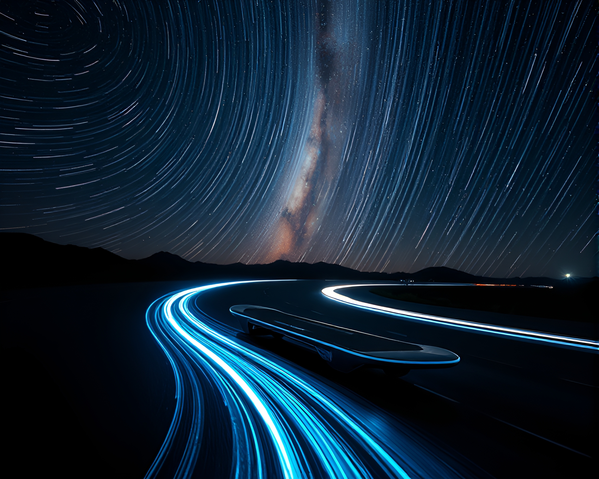 Star Trails Hoverboard in Fluid Simulation Noir – free AI stock image