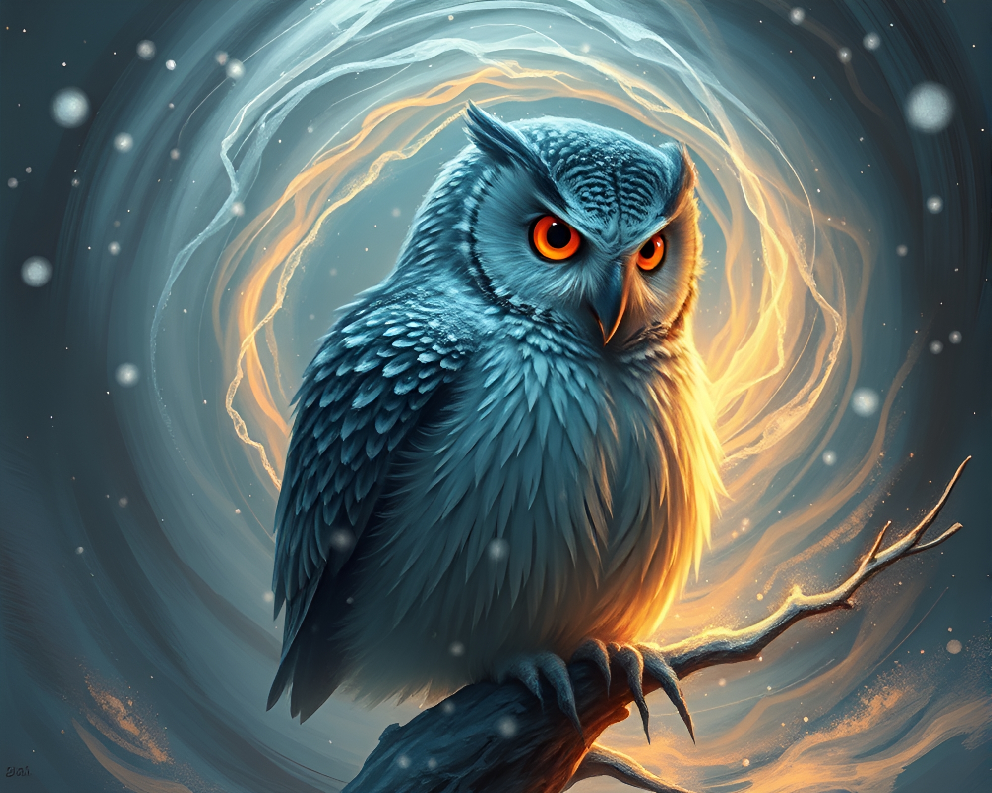 Clockwork owl swirling in snow-kissed vortex – free AI stock image