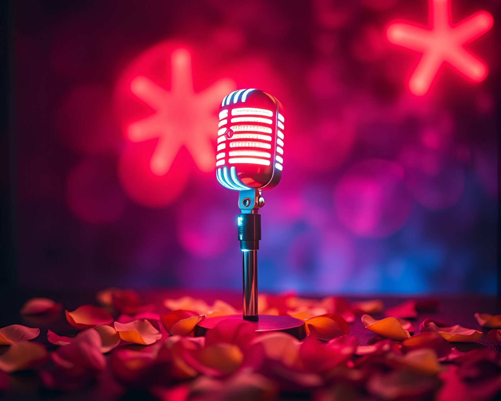 Vibrant neon microphone among sorcery aura flower petals