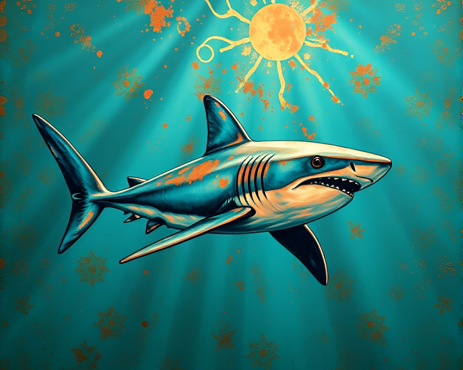 Sculpture of a shark coated in green patina under sunlight