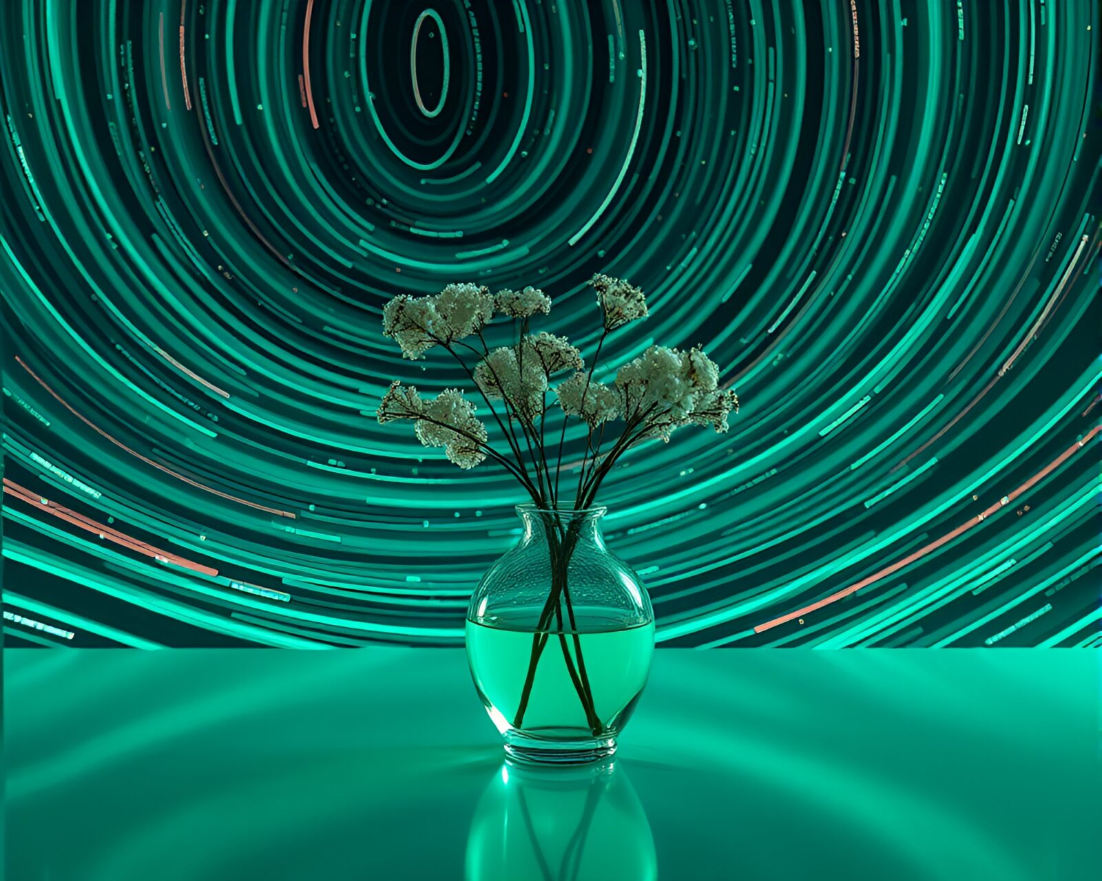 Mint green vase in retro futuristic starry environment