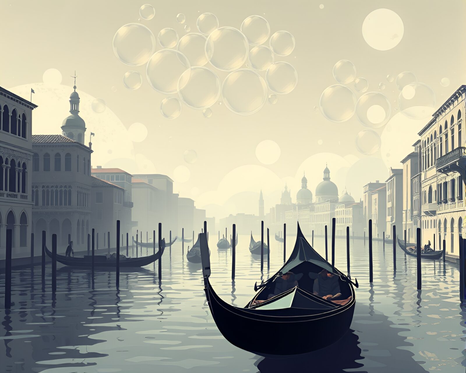 Illustration of a futuristic gondola surrounded by bubbles