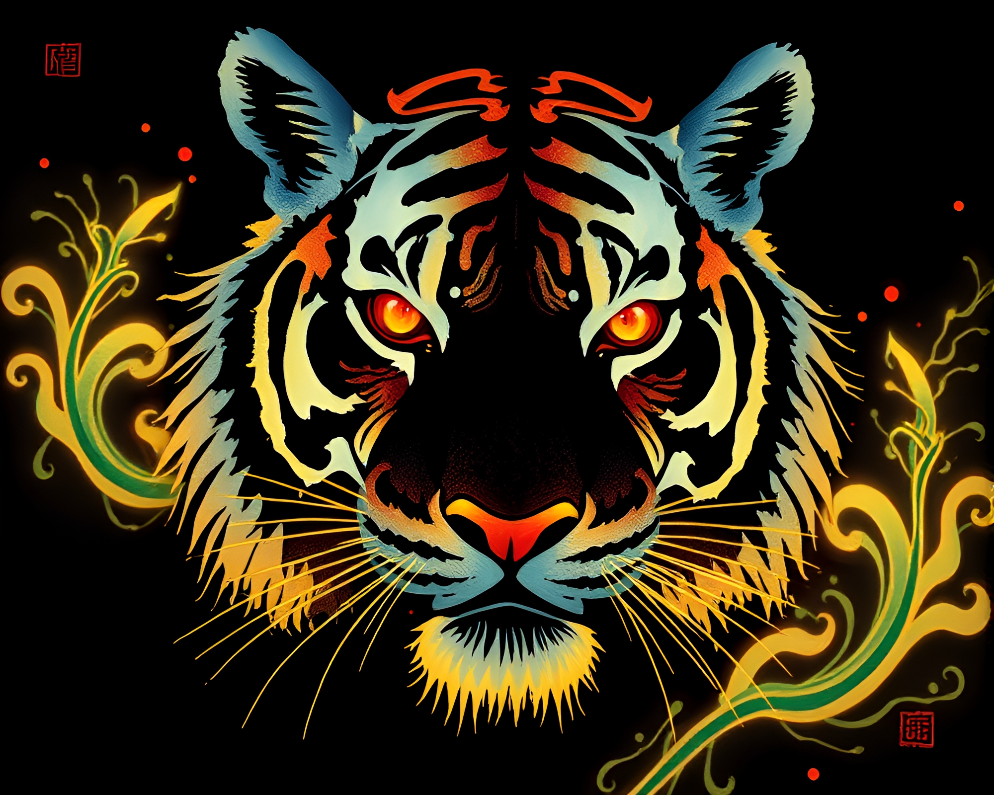 Tiger Silhouette in Fluorescent Sumi-e Tear Art – free AI stock image