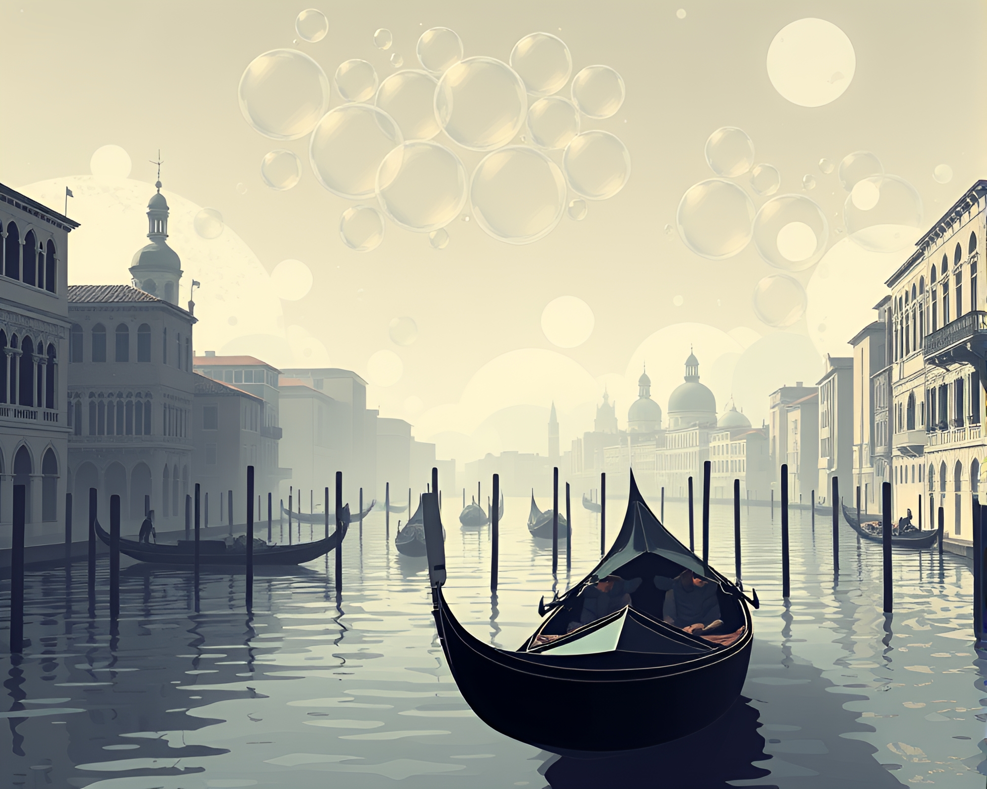 Futuristic Venetian Gondola Amid Bubble Clusters – free AI stock image