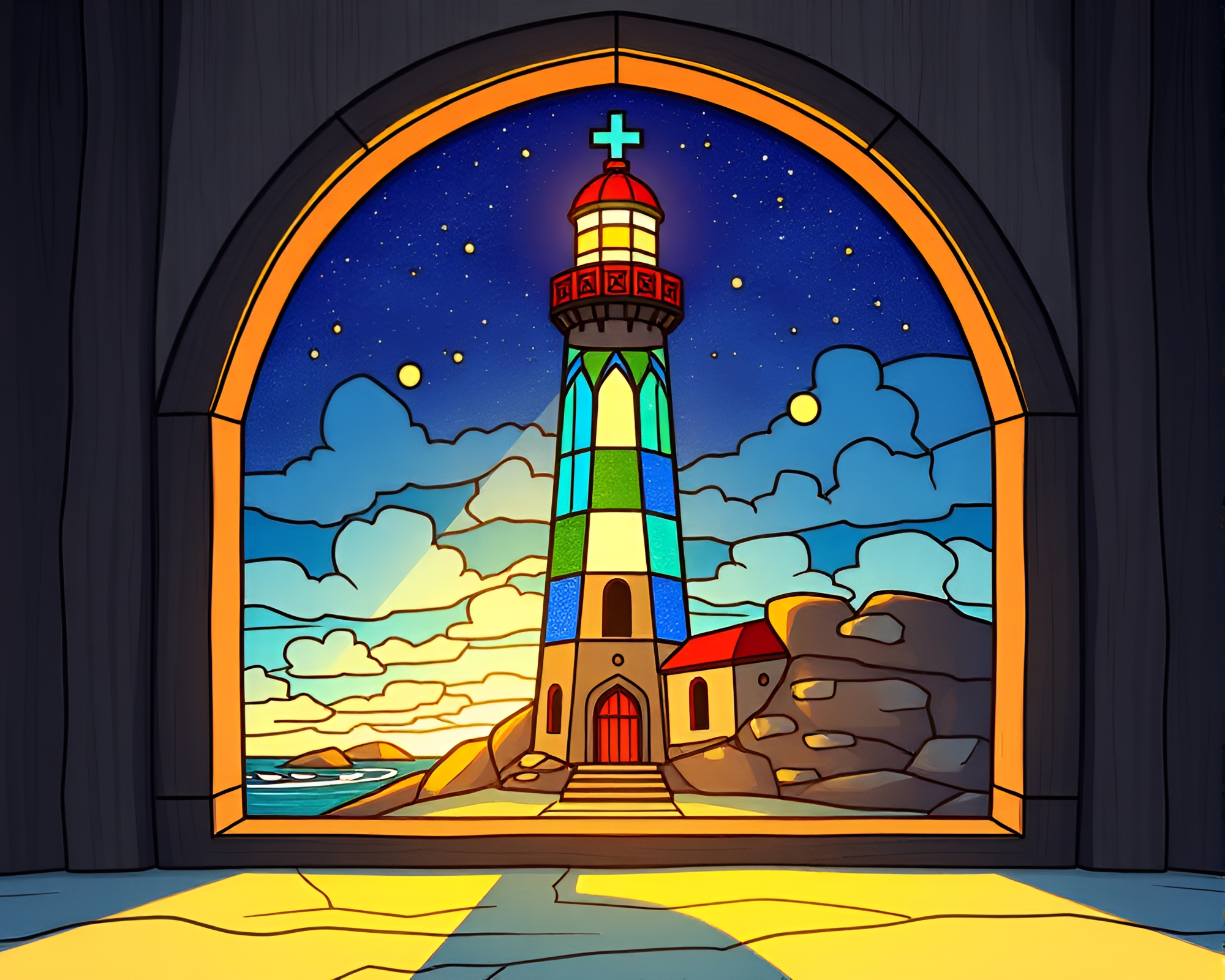 Cathedral Lighthouse: Enchanting Children’s Book Illustration – free AI stock image