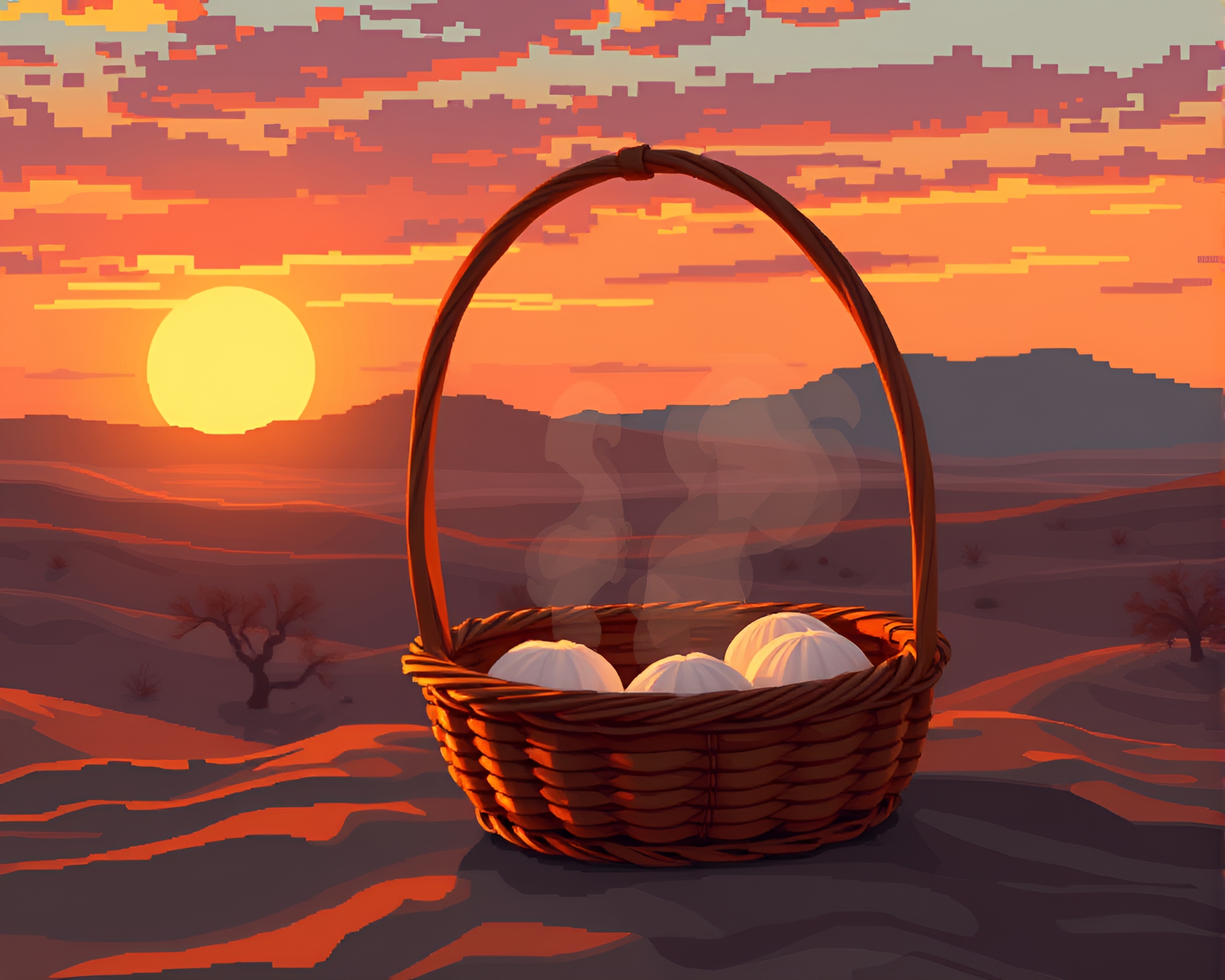 Pixelated Dim Sum Basket under Desert Sunset Light Painting – free AI stock image