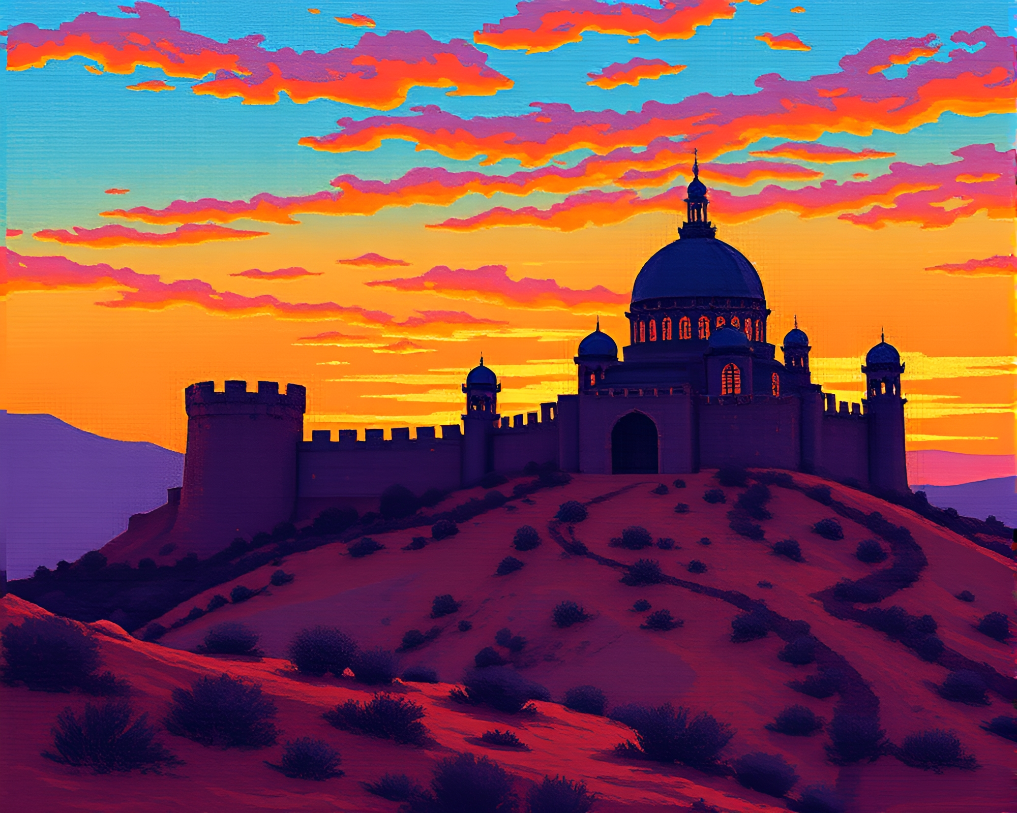 Sunset Glow over Abandoned Castle in Gouache Pixel Art – free AI stock image