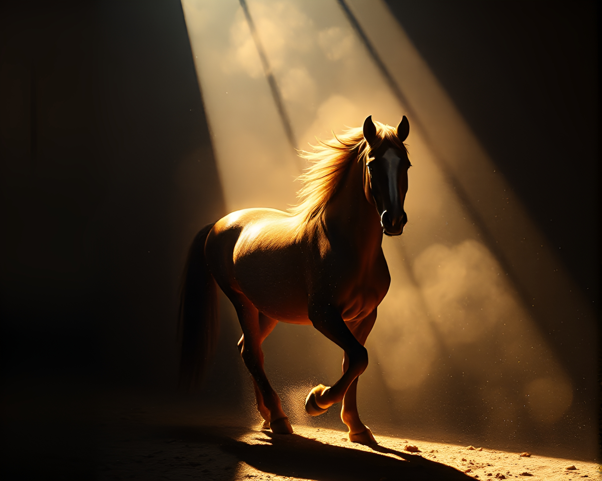 Dust Particles Dance Around Wild Stallion in Attic Shadows – free AI stock image