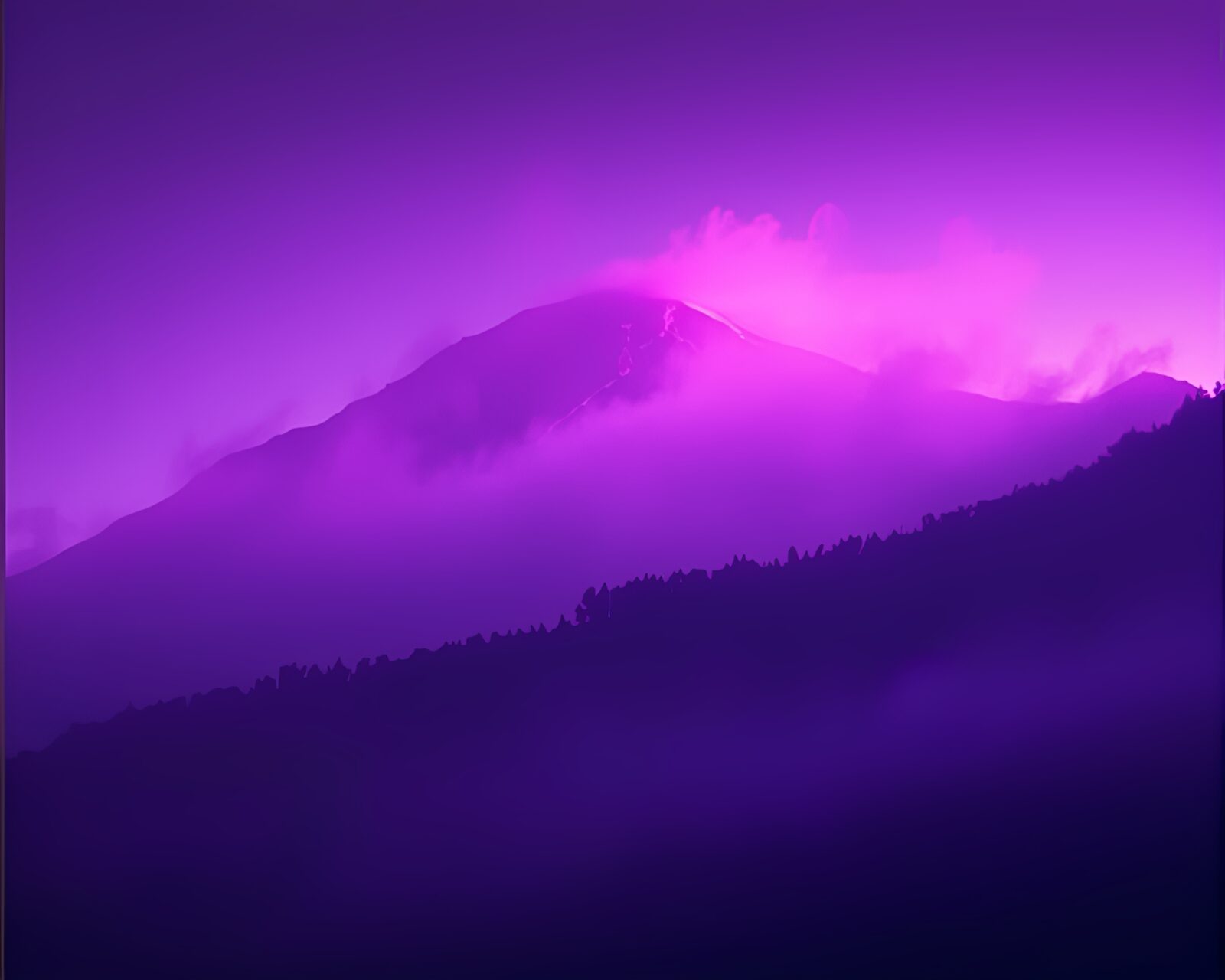 Neon-lit mountains seen through ethereal mist at dusk
