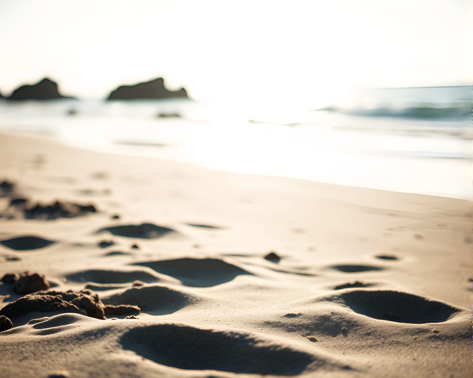 Tranquil beach scene with vibrant focus-stacked seashells in tri-tone hues