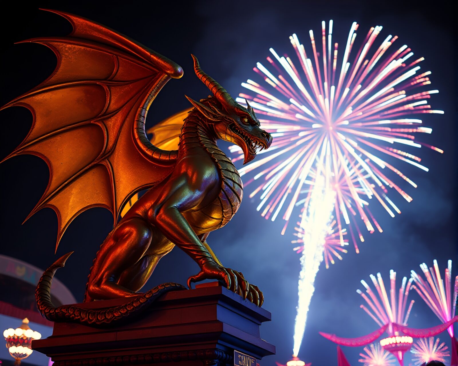 Fiery festival lights illuminate mystical gargoyle statue in spiral
