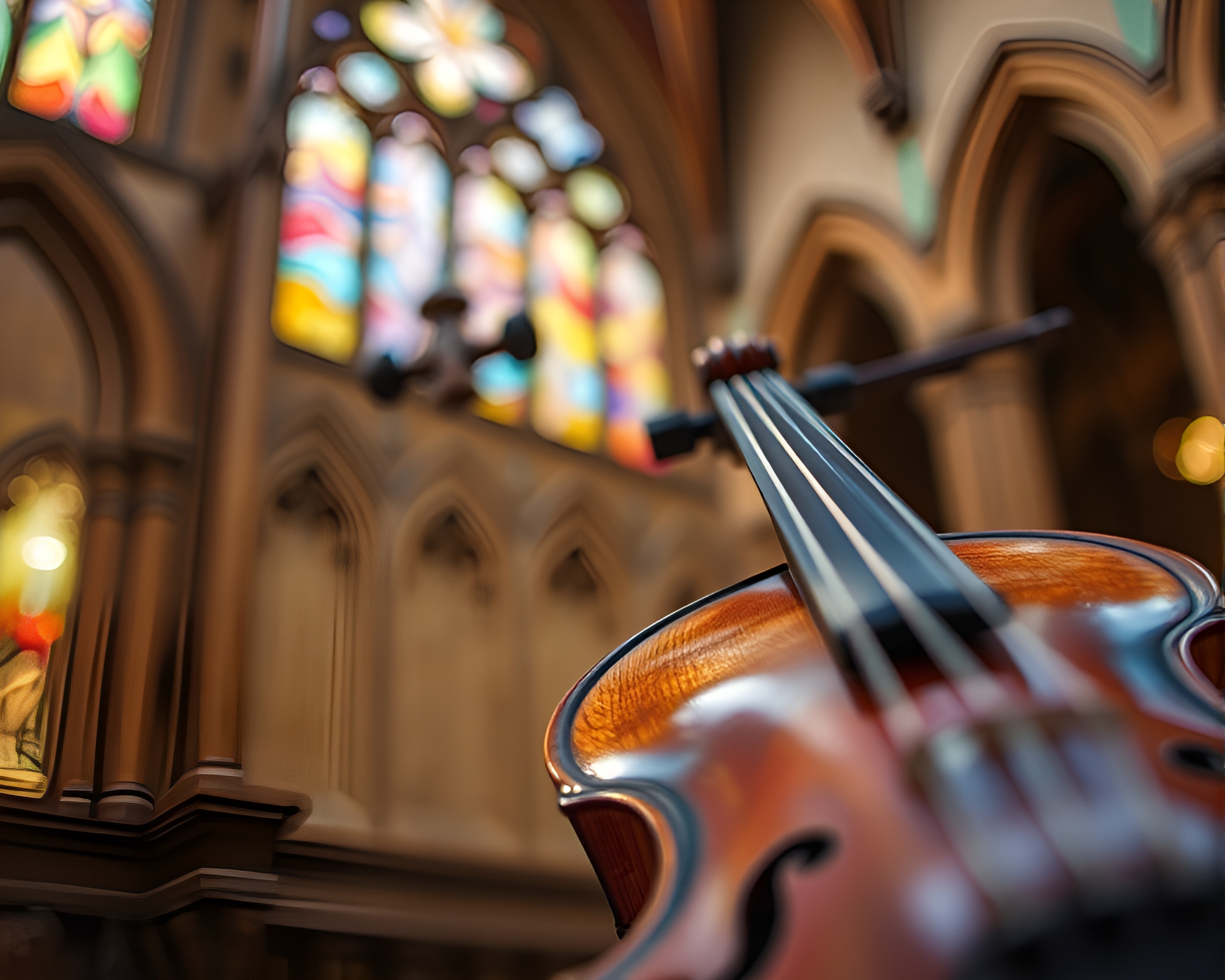 Wooden Violin in Cathedral Stained Light Painting – free AI stock image