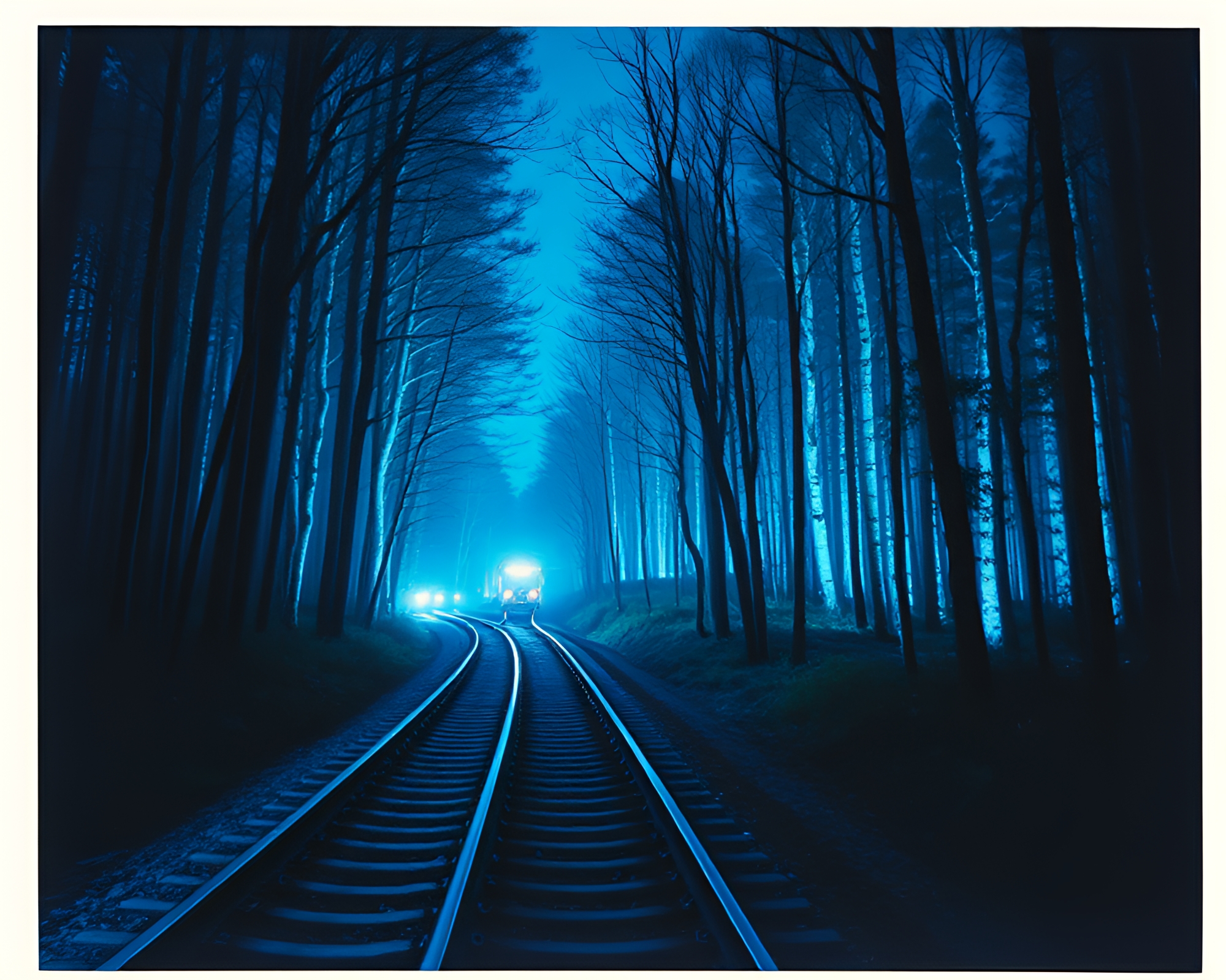 Bioluminescent Forest Train Light Trails Photography – free AI stock image
