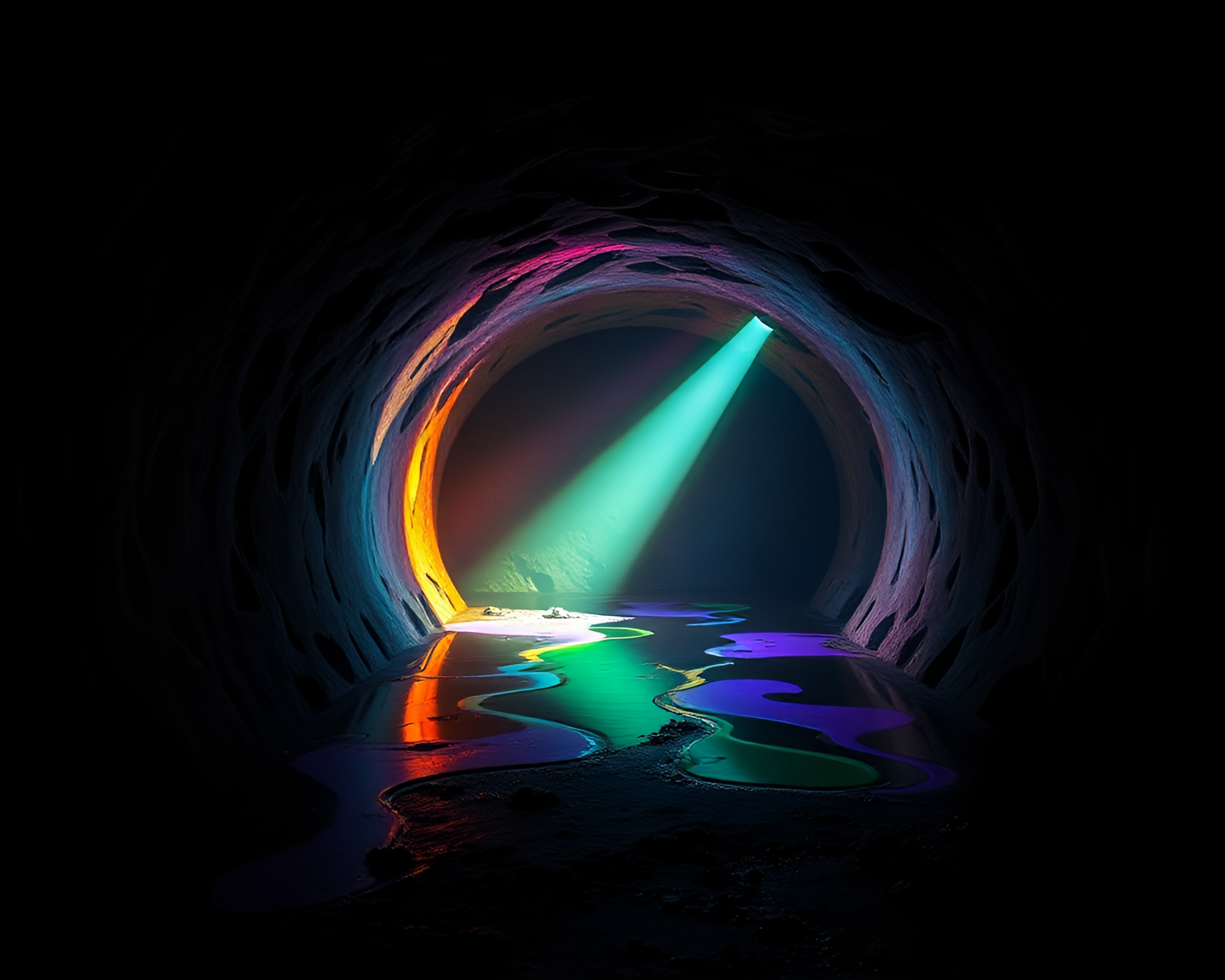 Oil Slick Rainbow Illuminates Underground Bunker Spotlight – free AI stock image