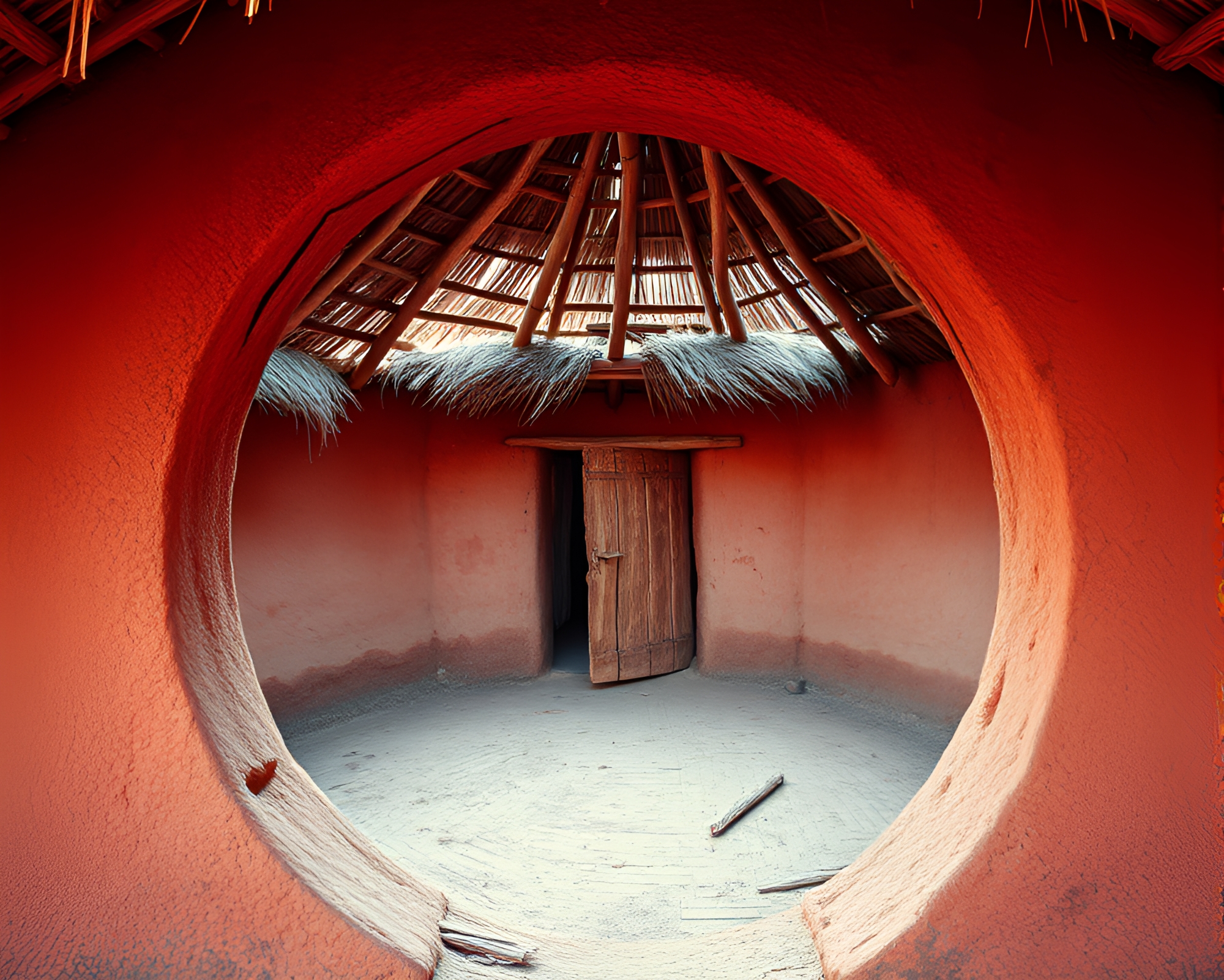 Circular Frame Mud Hut in Hyper-Saturated Crosshatch – free AI stock image