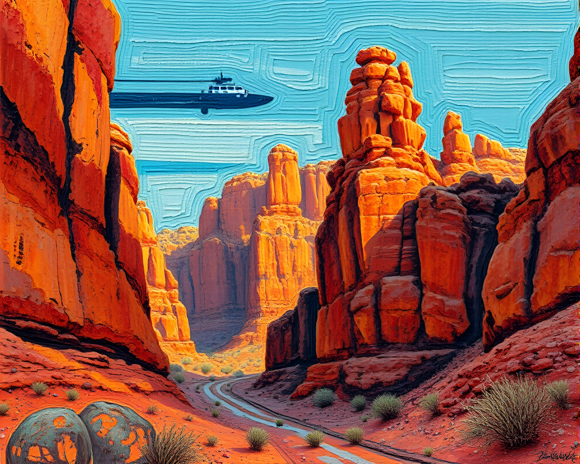 Synthwave Canyon Rust Beadwork Expressionist Art – free AI stock image
