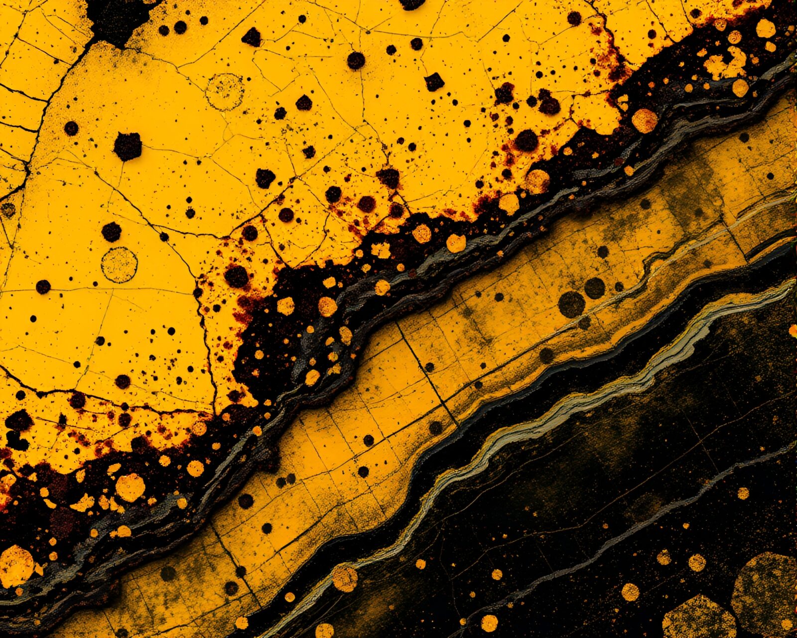 Rusty flake texture engulfing a savage river in monochrome yellow