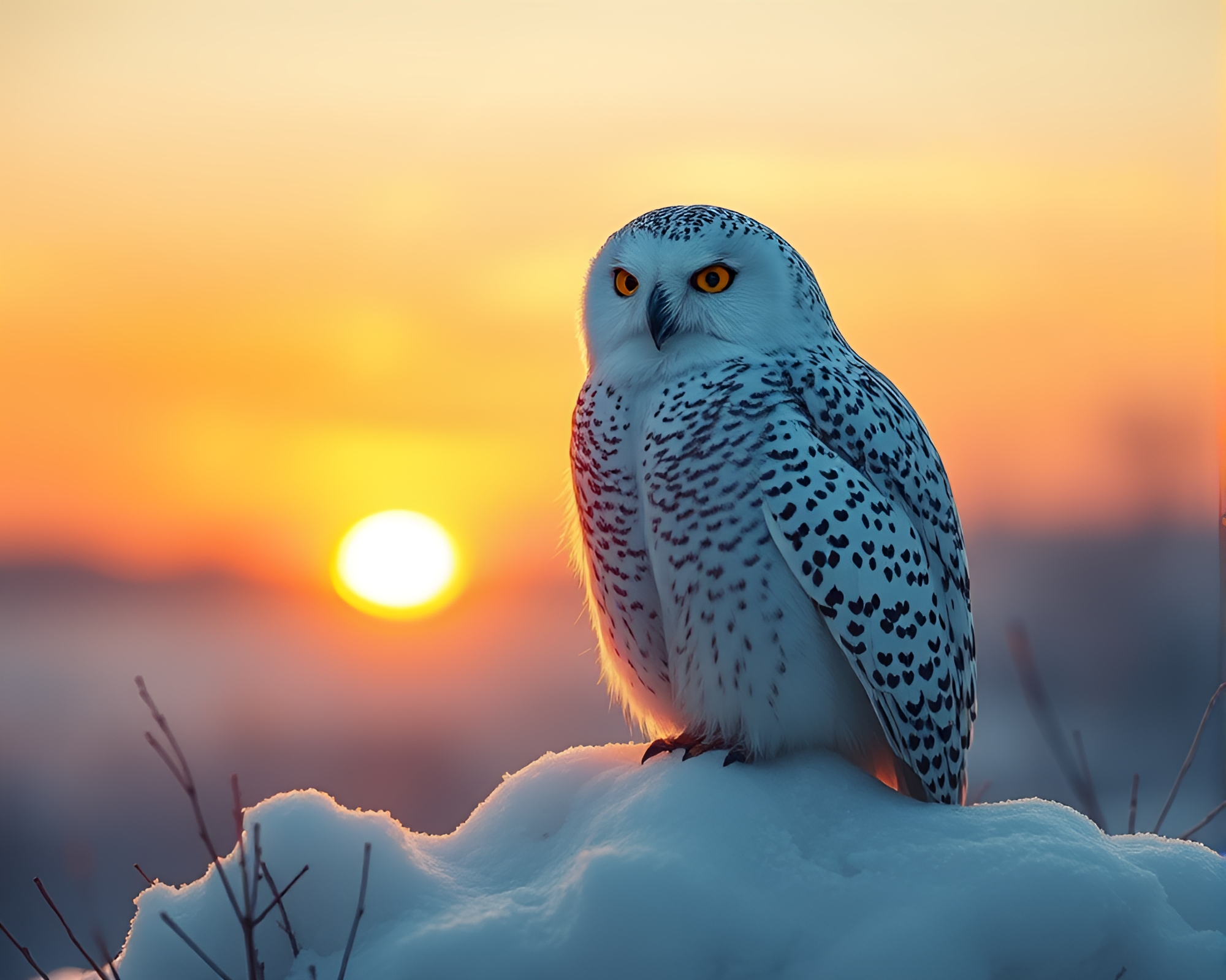 Snowy Owl Perches in Warm Sunset Glowing Mildew Forest – free AI stock image