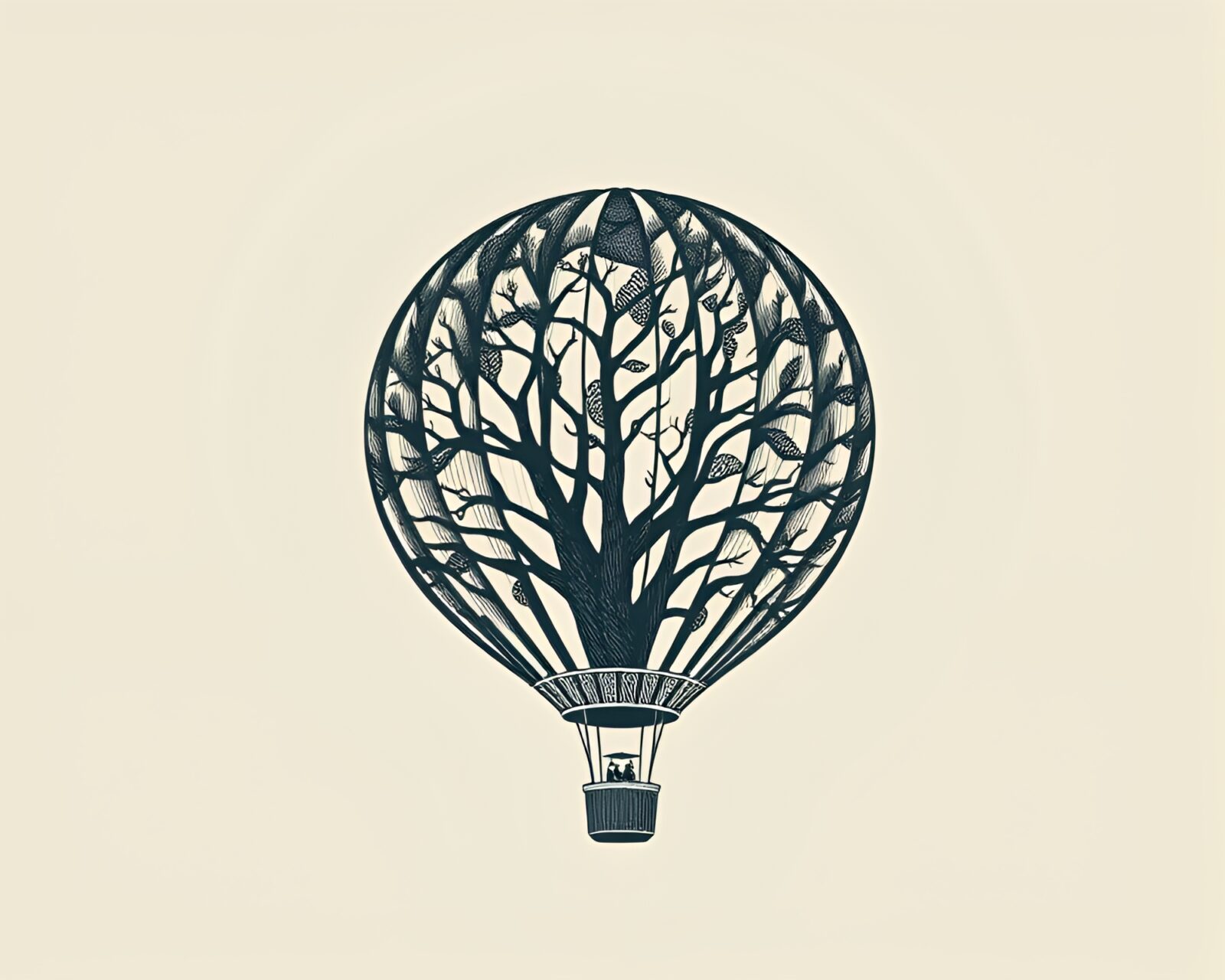 Engraved tree ring pattern with hot air balloon in retro scanlines