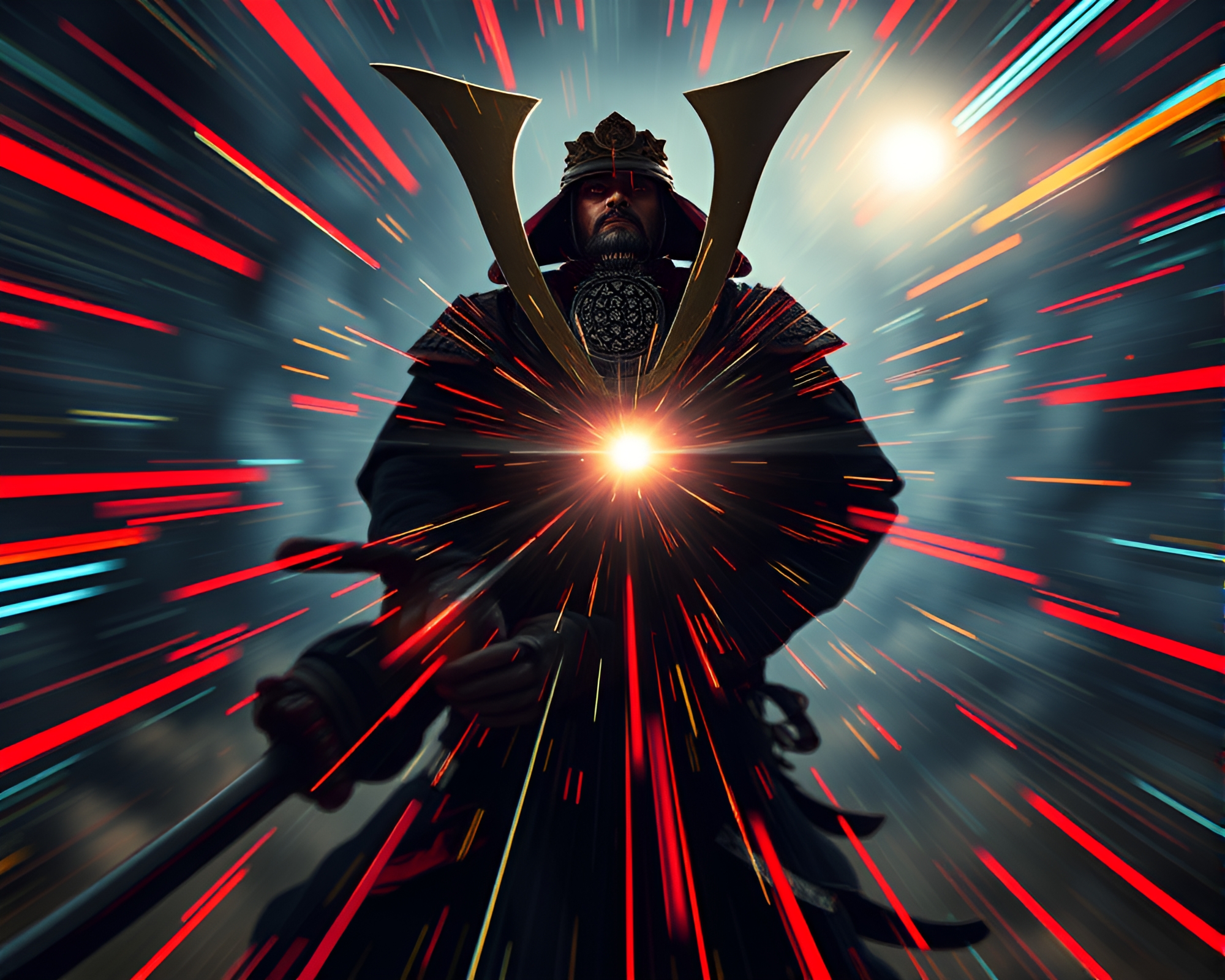 Samurai Warrior’s Collage: Lens Flare Eye View – free AI stock image