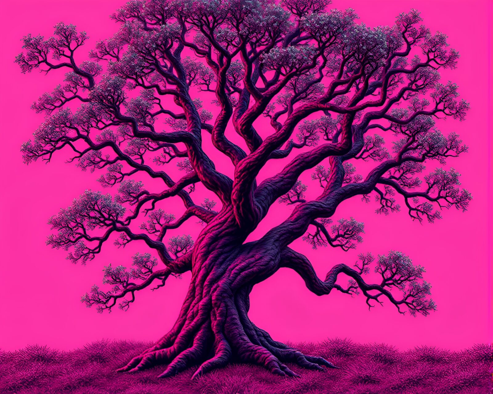 Enchanted Ancient Tree in Magenta Light with Intricate Stitched Patterns