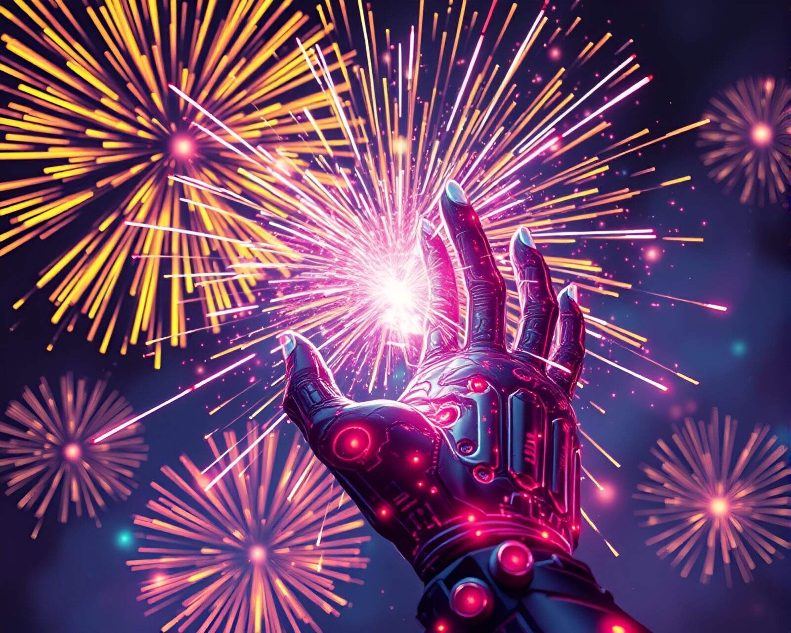 Cyberpunk illustration of a glowing hand amidst fireworks