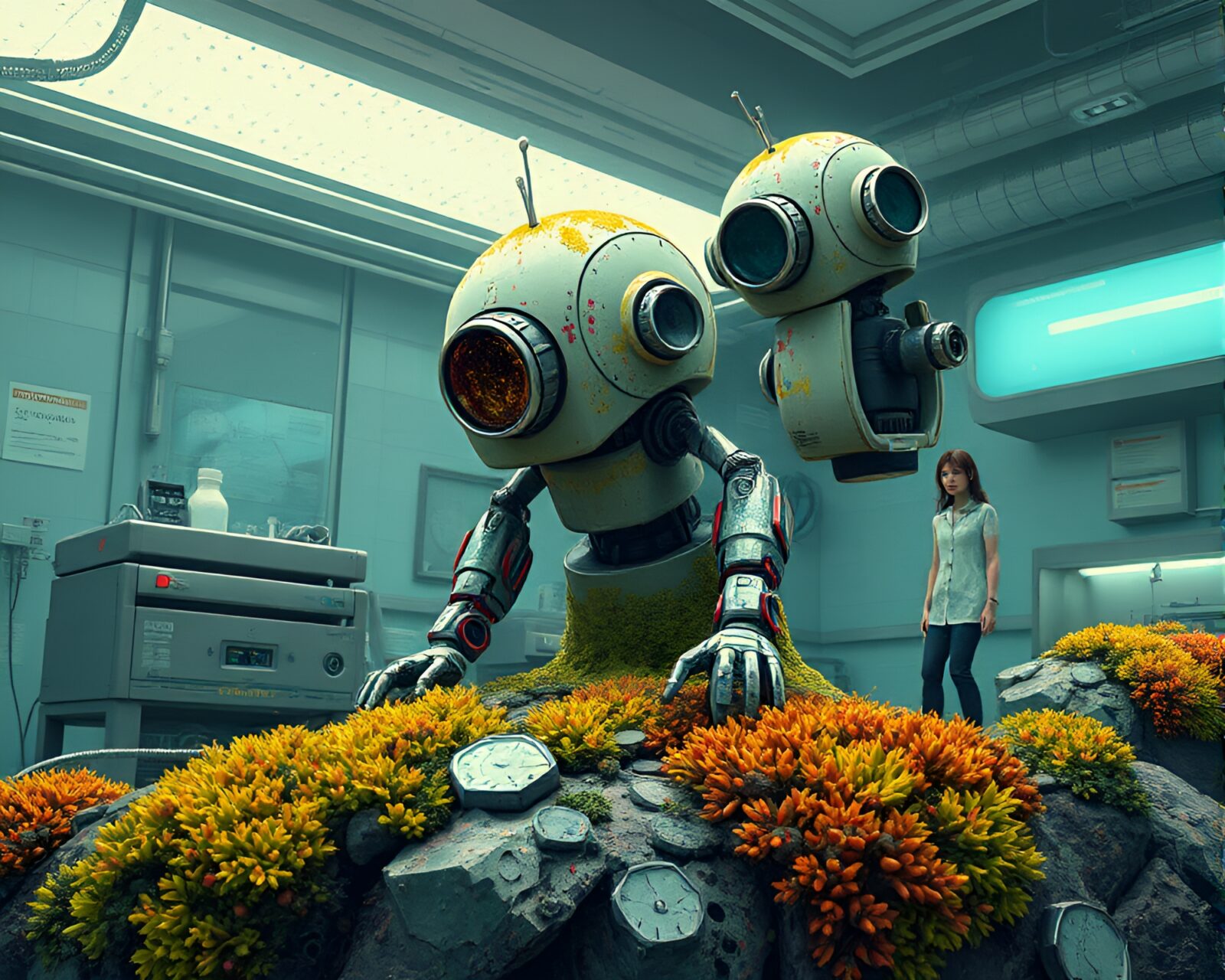 Futuristic android amidst green lichen textures in high-tech lab