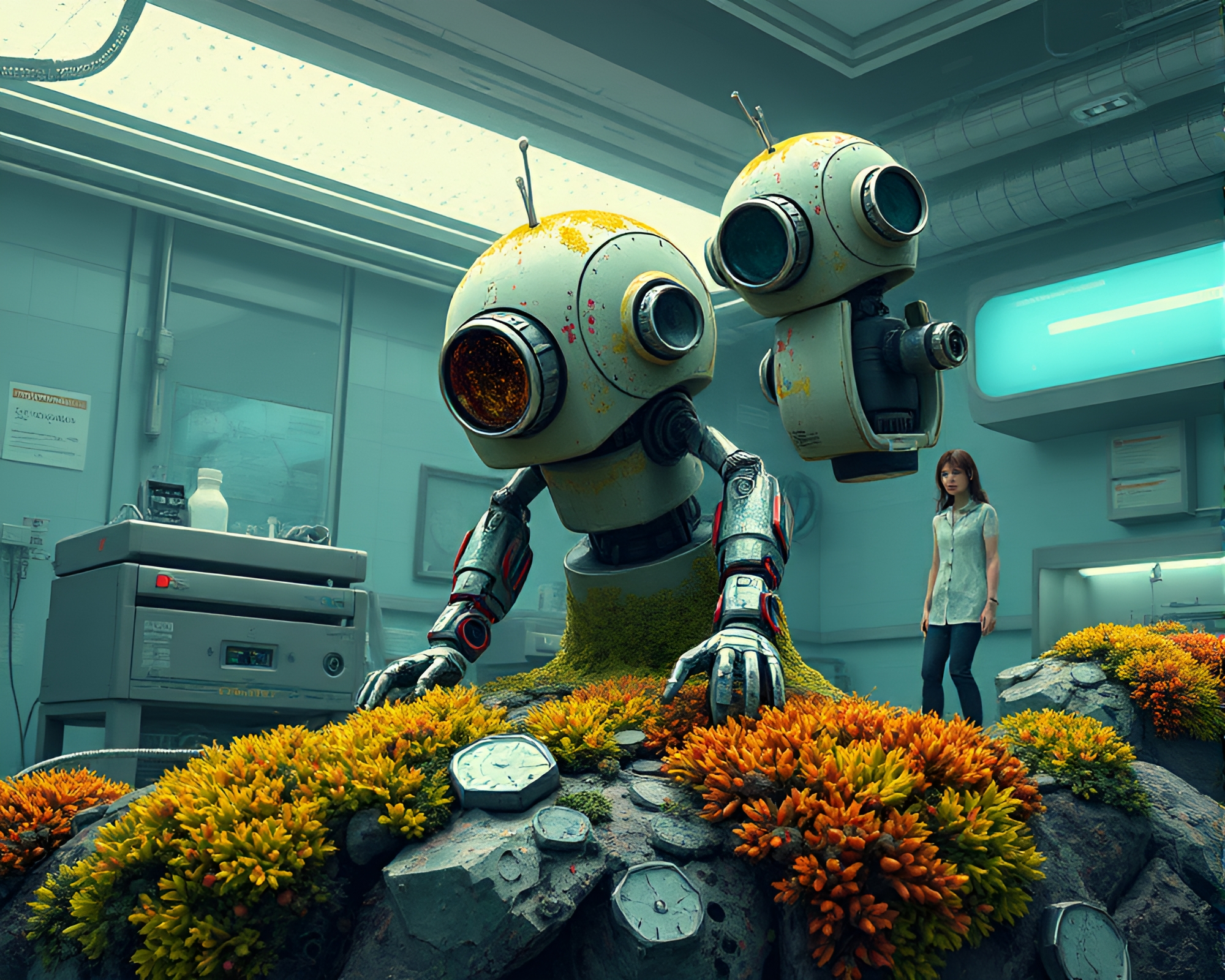 Cyberpunk Robot in Lichen-covered Laboratory – free AI stock image