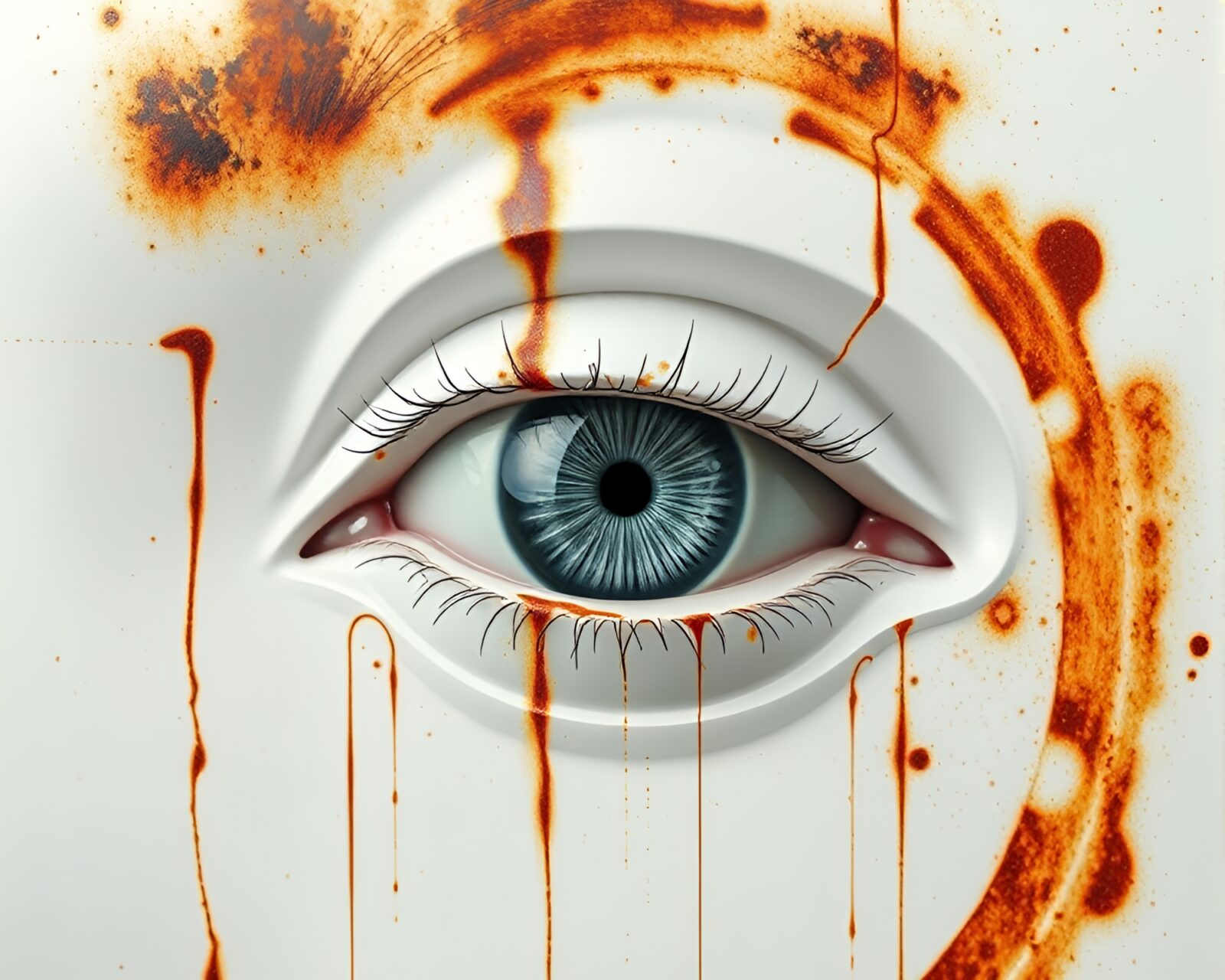 Futuristic cybernetic eye with rust stains in ethereal white colors